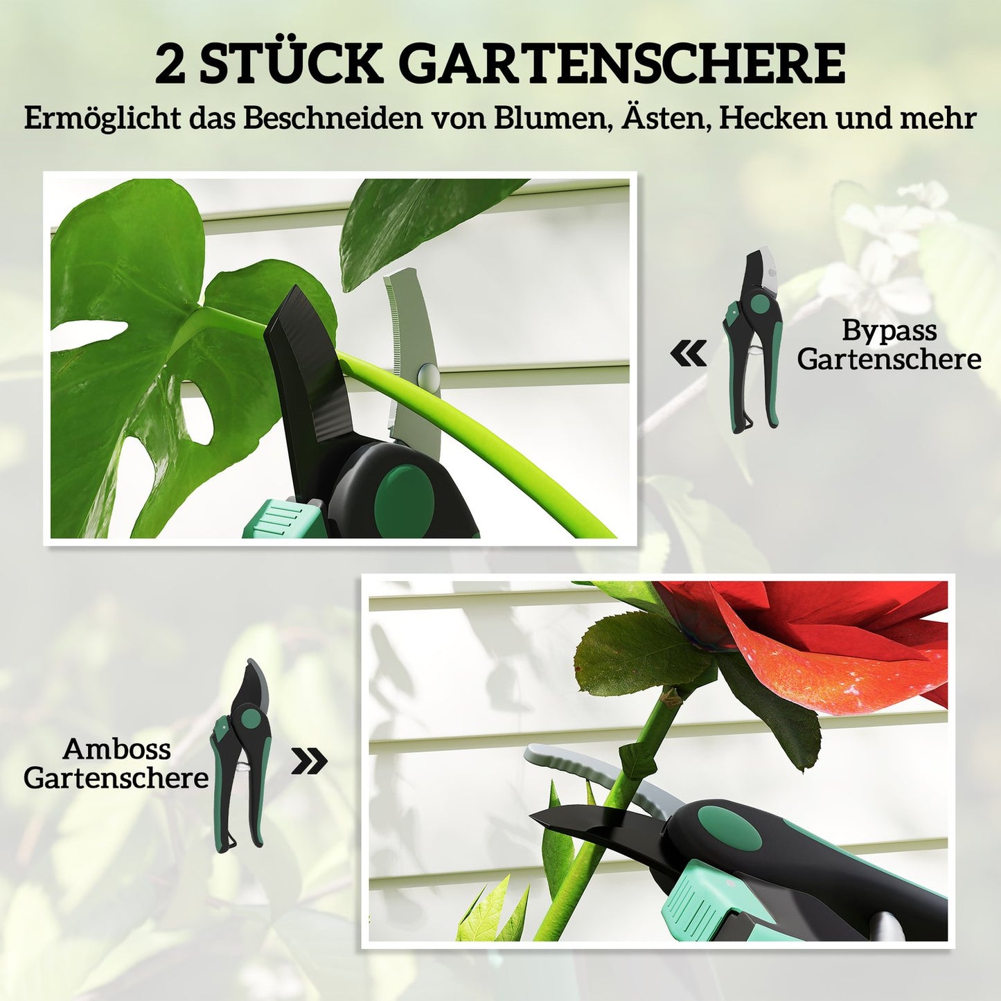 Garden Tool Set – 2 Metal Pruning Shears, Green/Black
