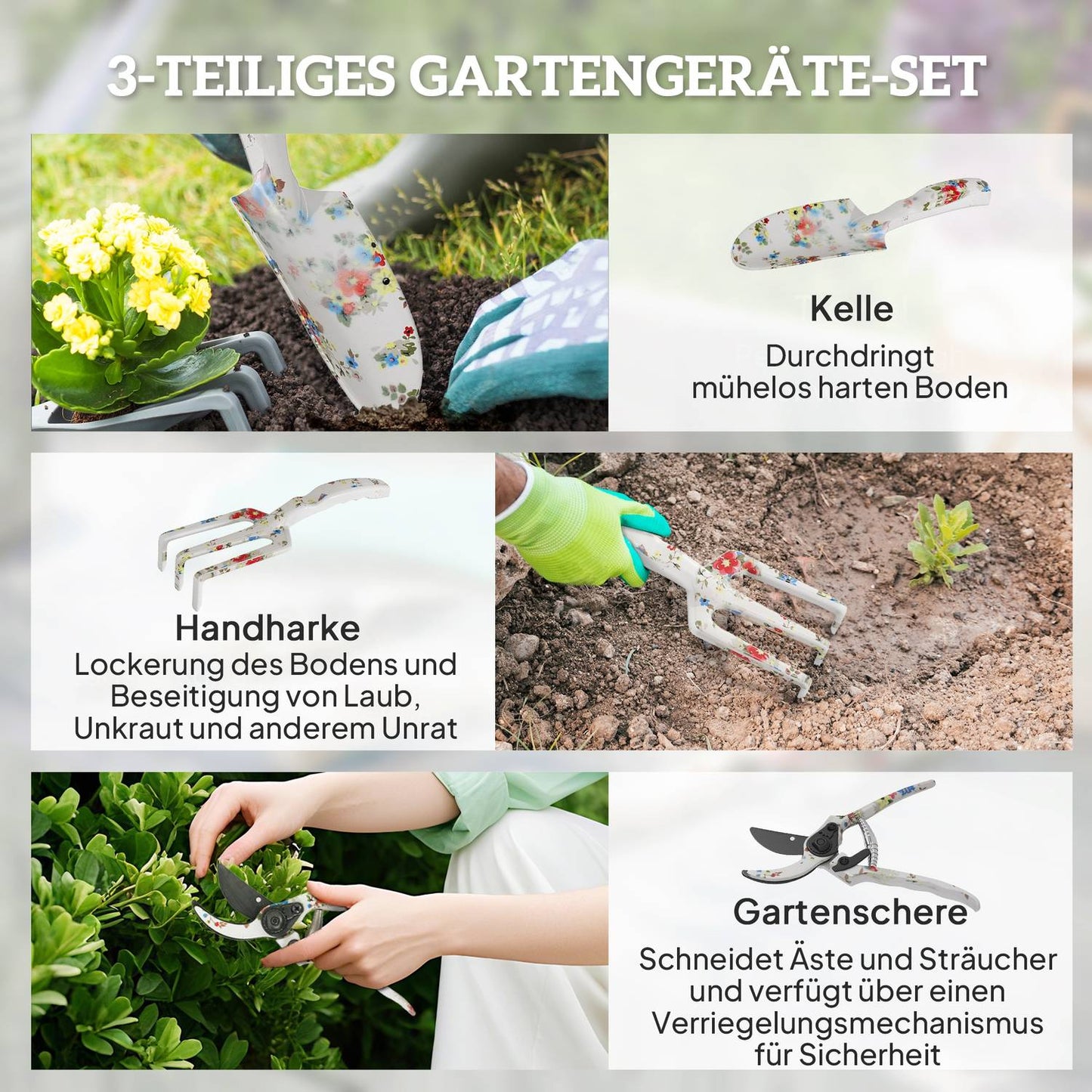 Garden tool set 3 pieces garden tool made of metal with flower trowel hand rake garden shears