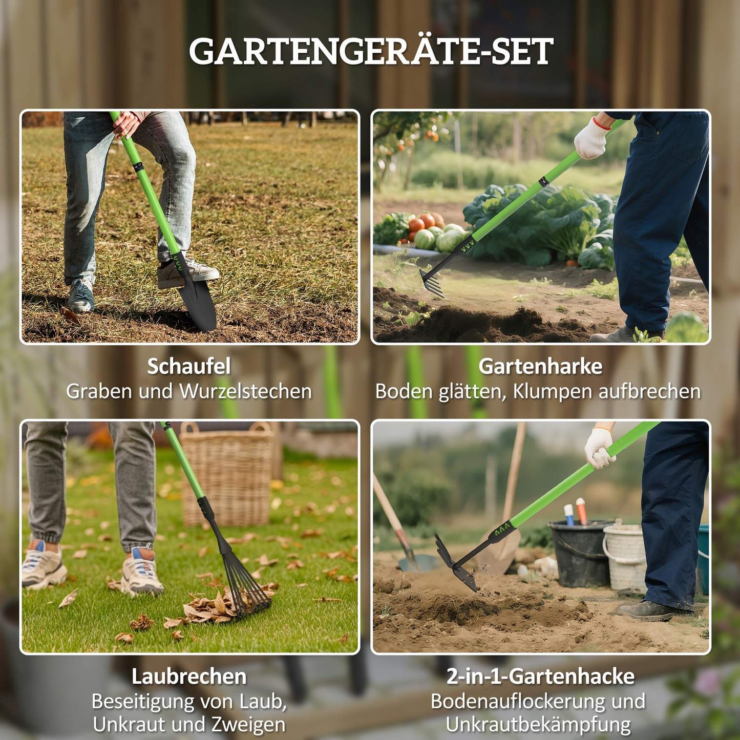 Garden tool set 4 pieces garden tool set with shovel garden hoe garden rake leaf rake green