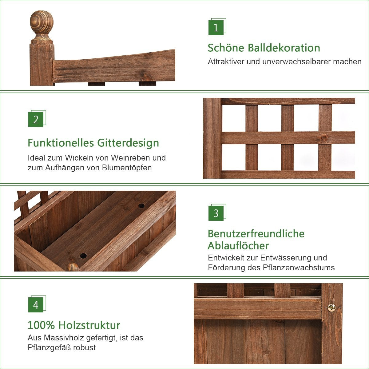 Garden trellis flower box with trellis solid wood planter 64.5 x 28 x 75 cm dark brown