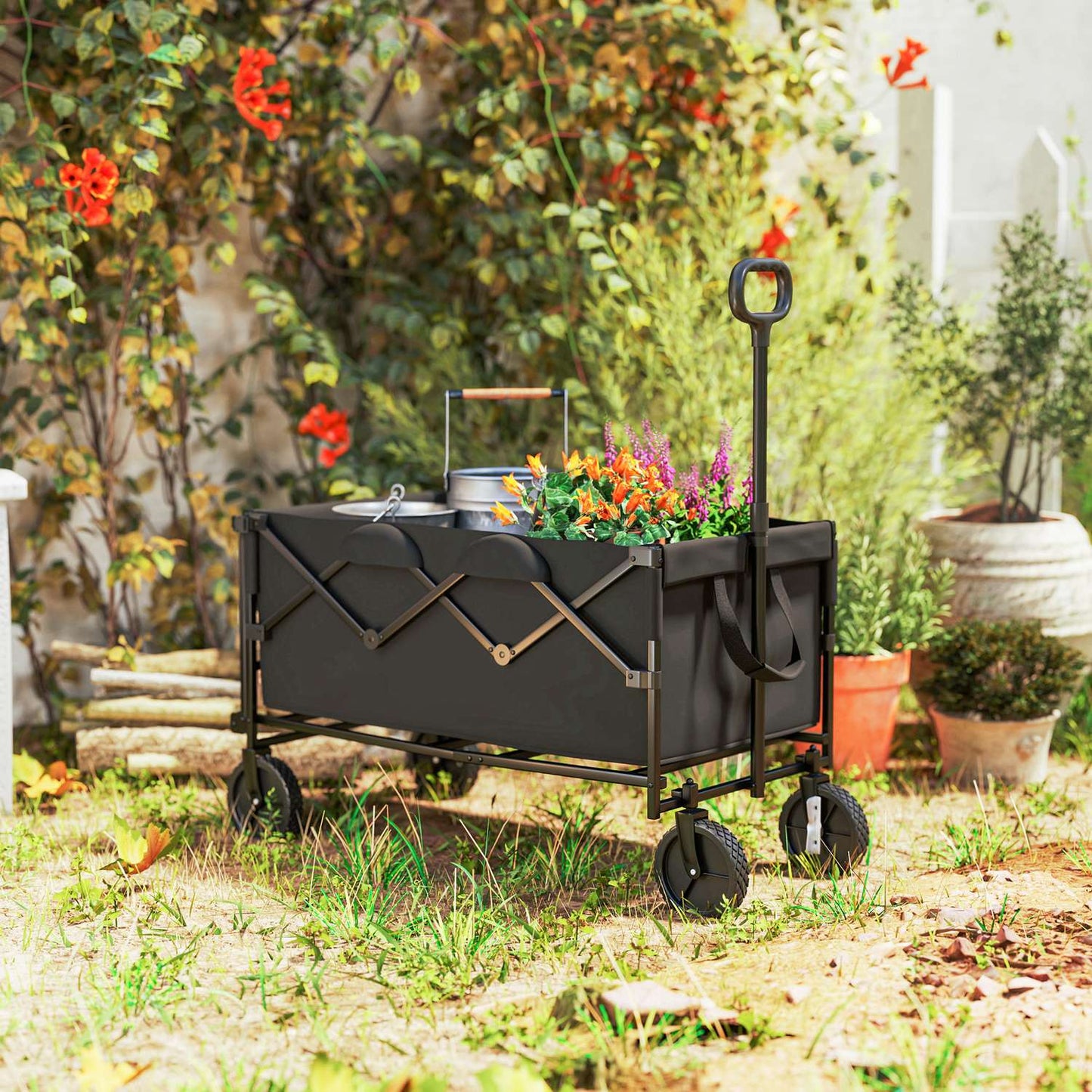 Folding garden cart, 100 kg load, 160 l capacity, black