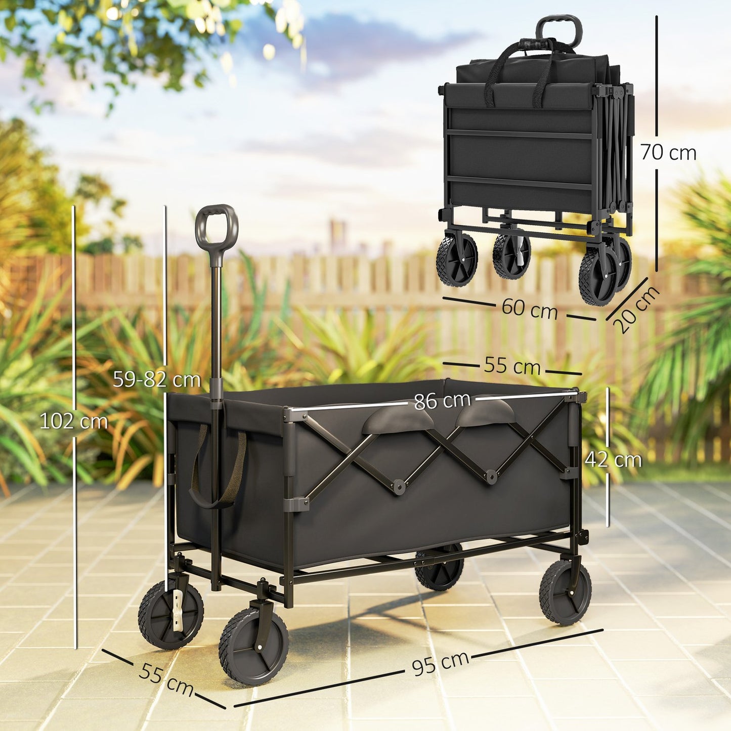 Folding garden cart, 100 kg load, 160 l capacity, black