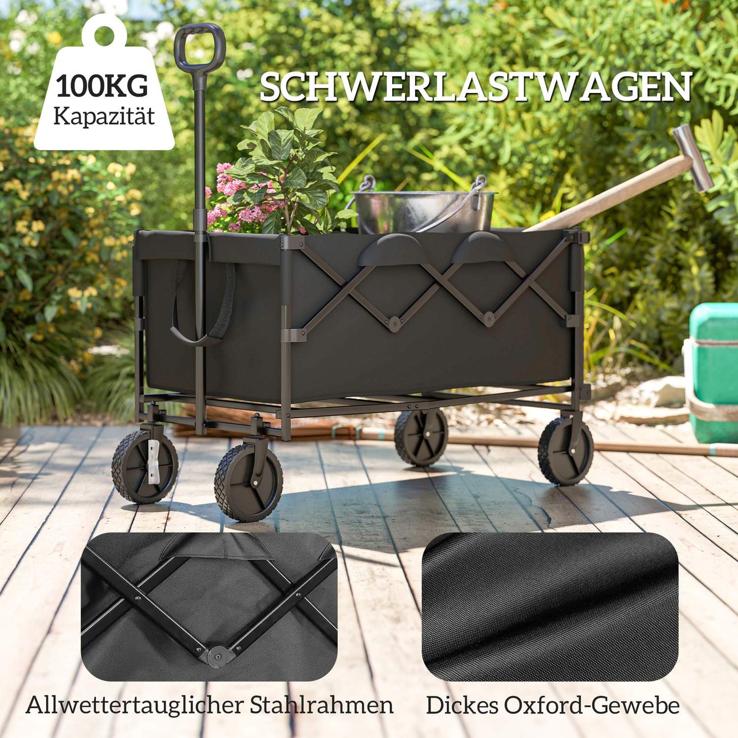 Folding garden cart, 100 kg load, 160 l capacity, black
