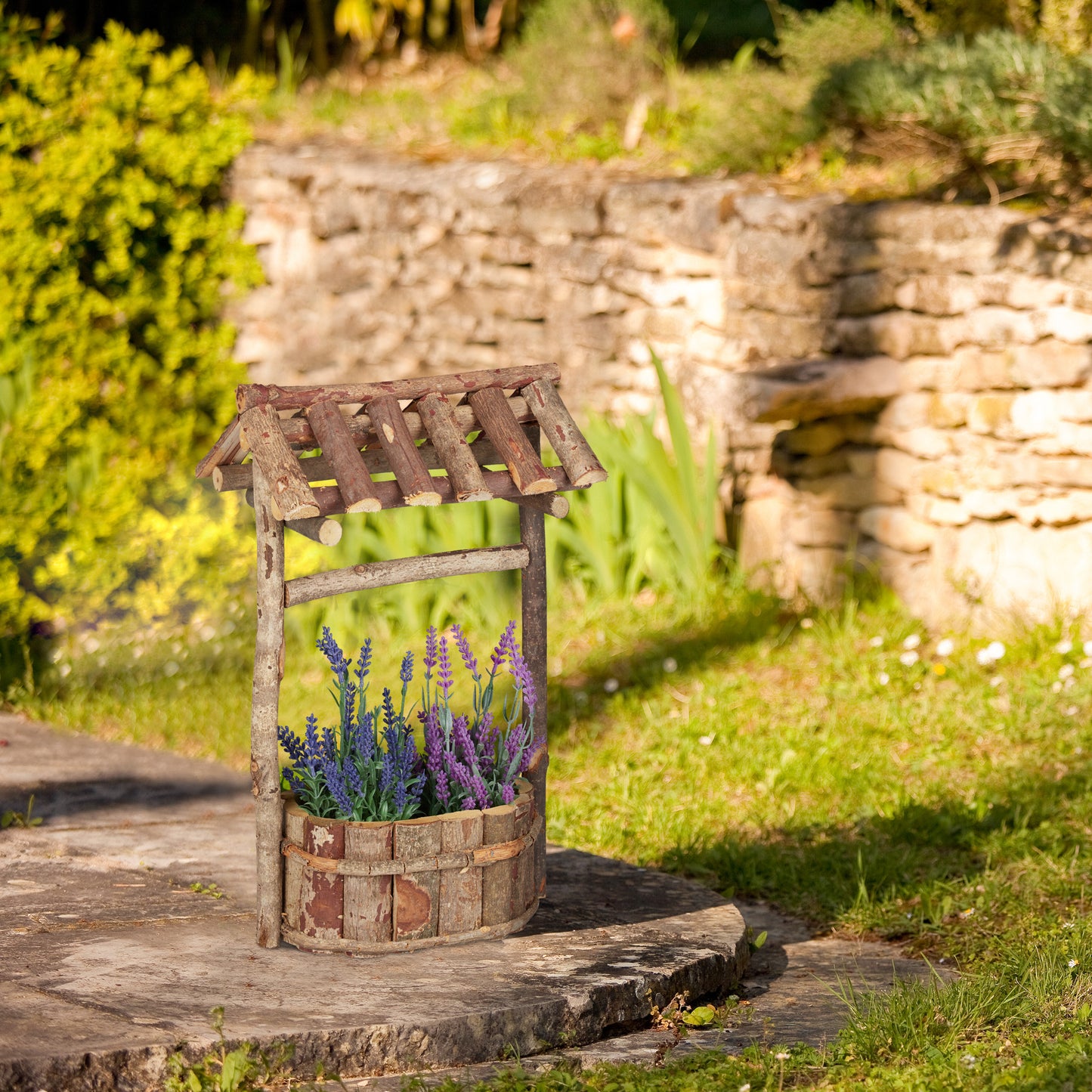 Garden with wooden fountain