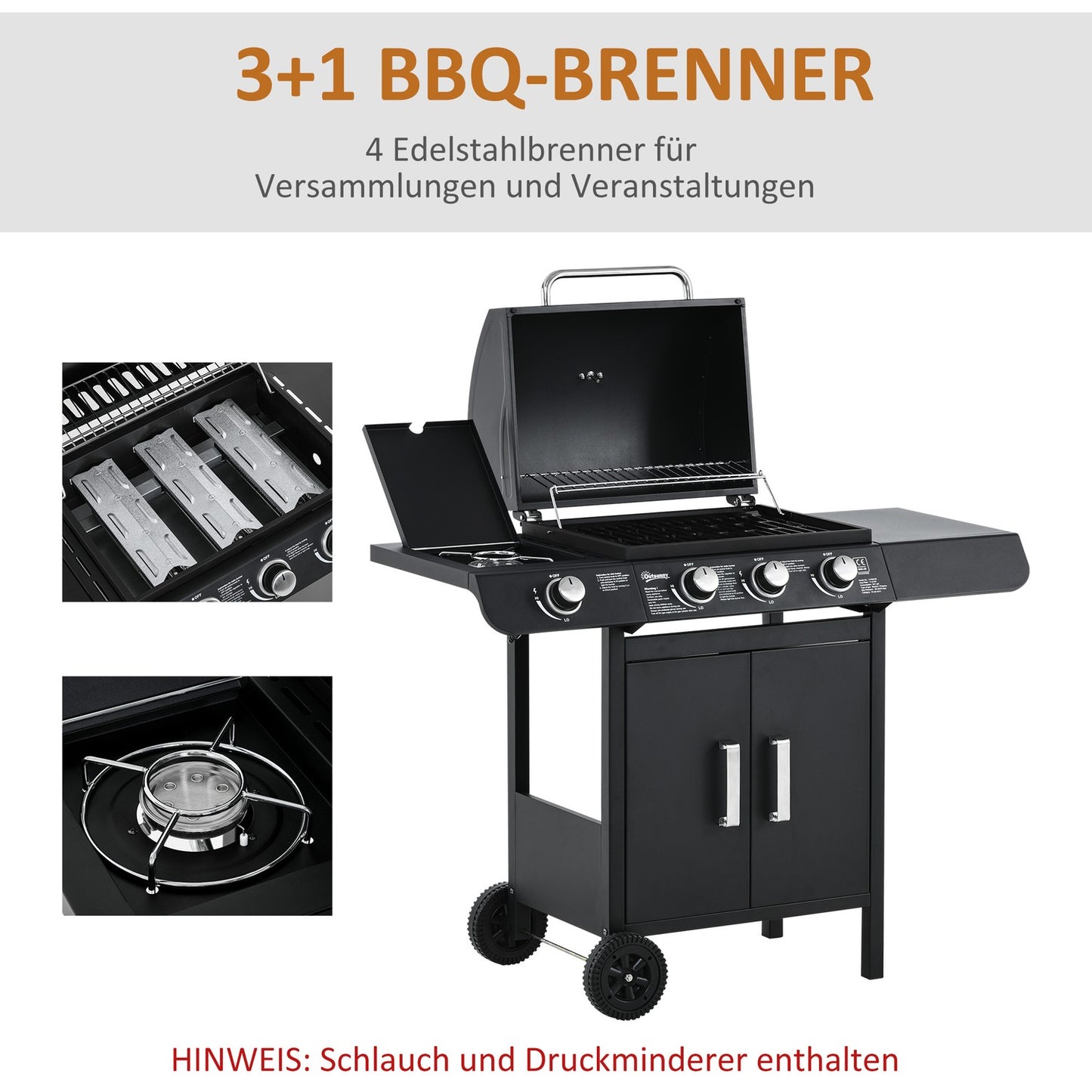 Gas grill with 3 burners & 1 side burner, black steel cabinet