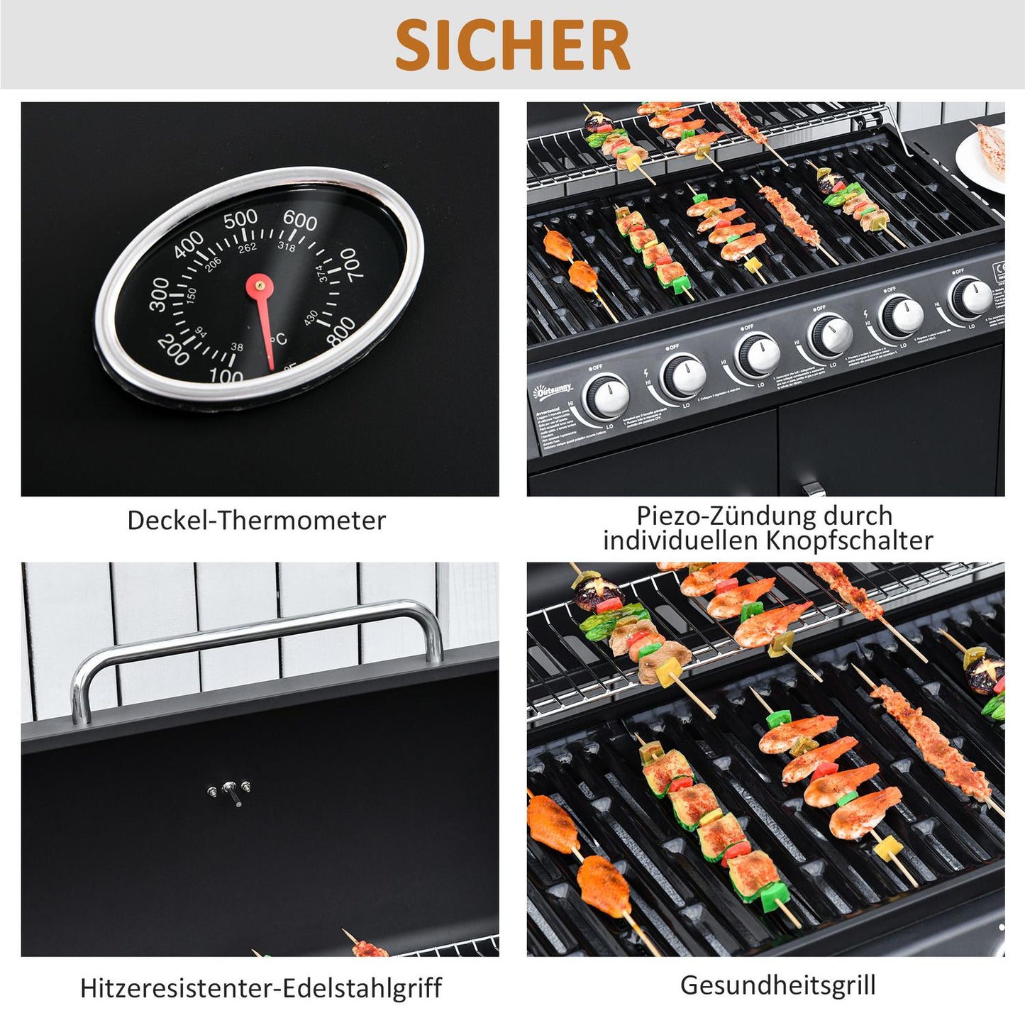 Gas grill with 6 burners, side burner, storage cabinet