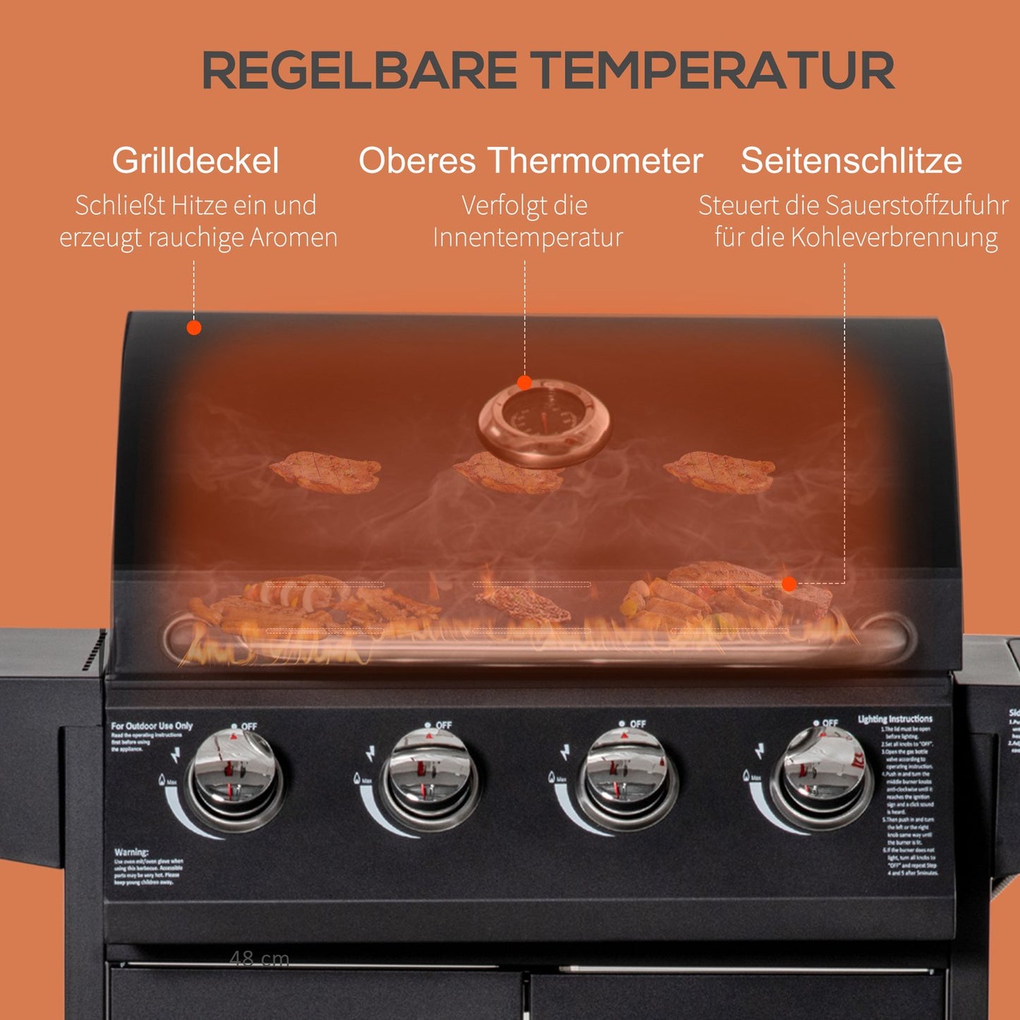 Gas grill BBQ, 3 burners, mobile cart with side table