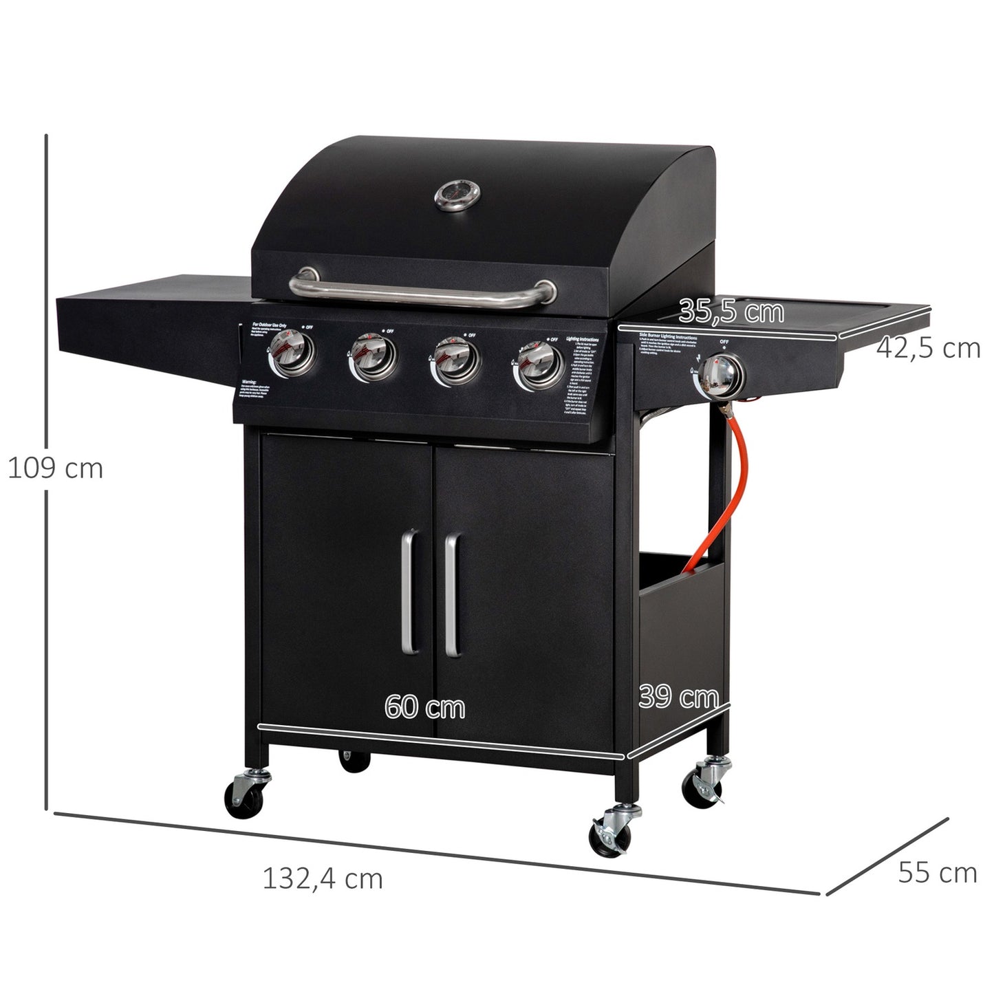 Gas grill BBQ, 3 burners, mobile cart with side table