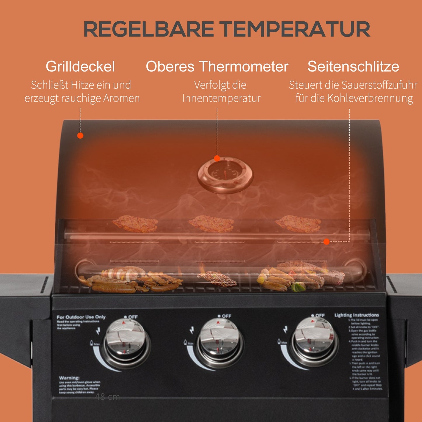3-burner gas grill, mobile cart, steel, with side table