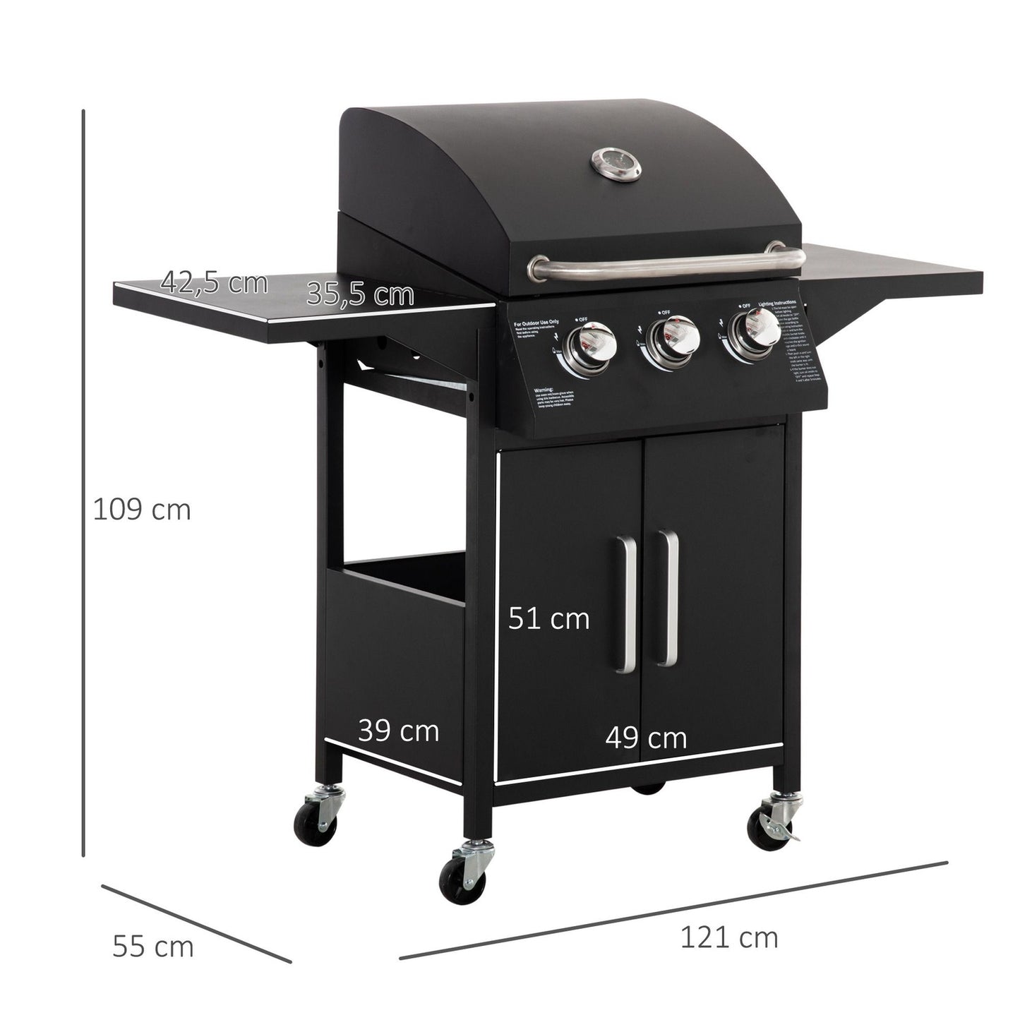3-burner gas grill, mobile cart, steel, with side table