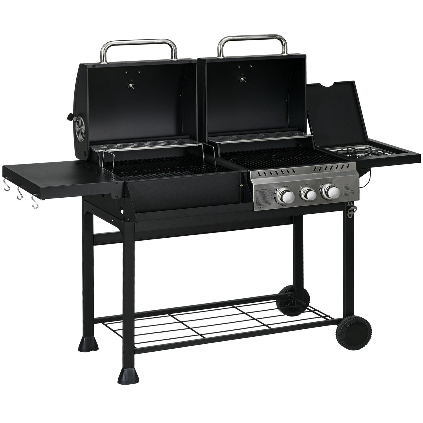 Gas barbecue cart with 3 burners, thermometer, shelves