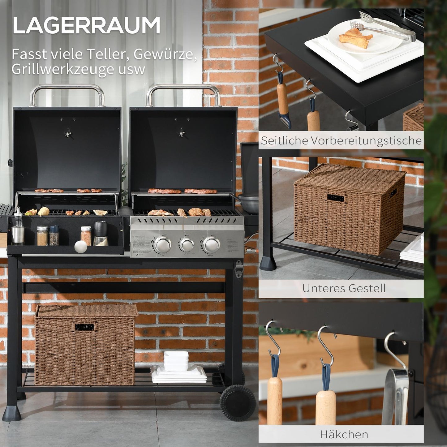 Gas barbecue cart with 3 burners, thermometer, shelves