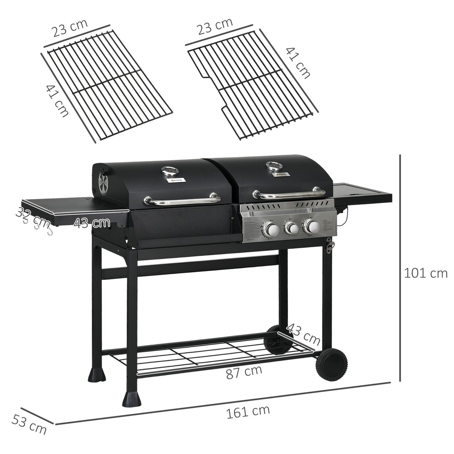 Gas barbecue cart with 3 burners, thermometer, shelves