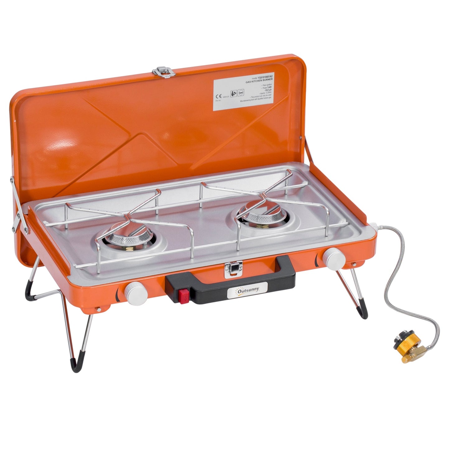 Gas grill with 2 burners in stainless steel, collapsible with hose