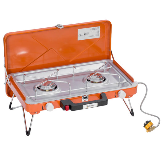 Gas grill with 2 burners in stainless steel, collapsible with hose