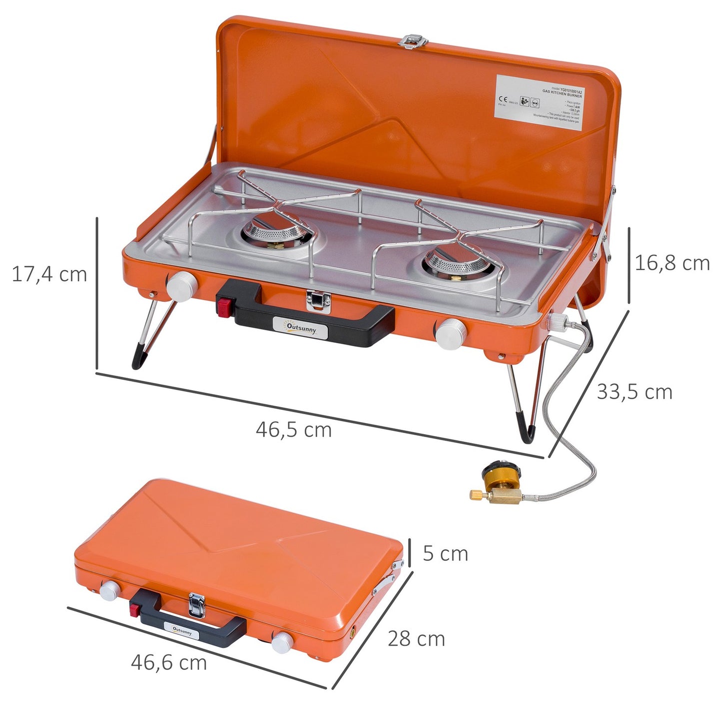 Gas grill with 2 burners in stainless steel, collapsible with hose