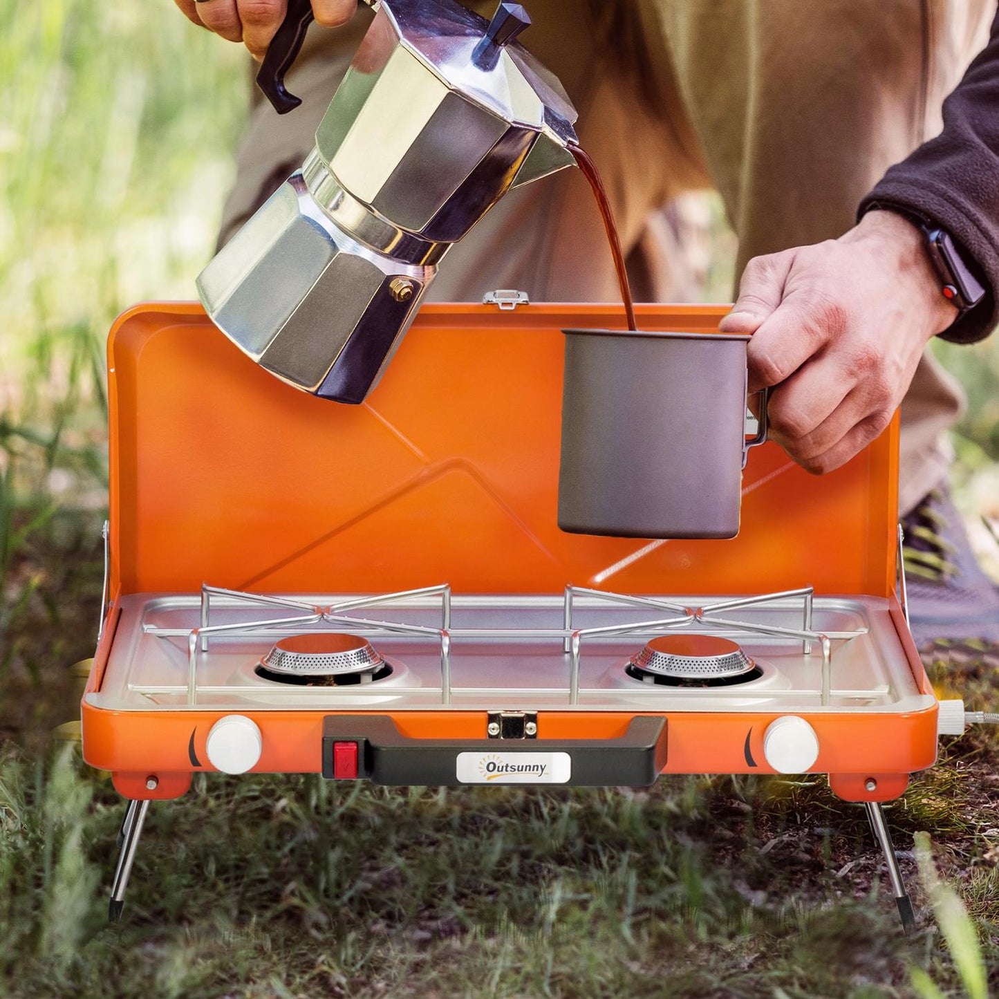 Gas grill with 2 burners in stainless steel, collapsible with hose