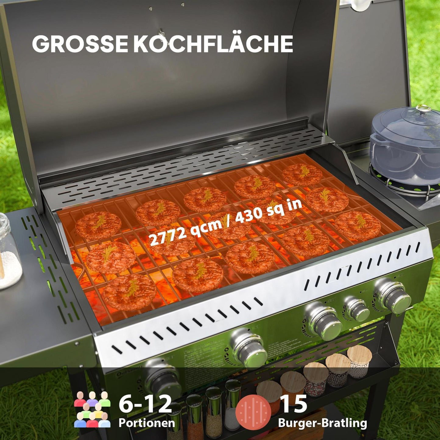 Stainless steel gas grill, 12KW, 4+1 burners, with thermometer