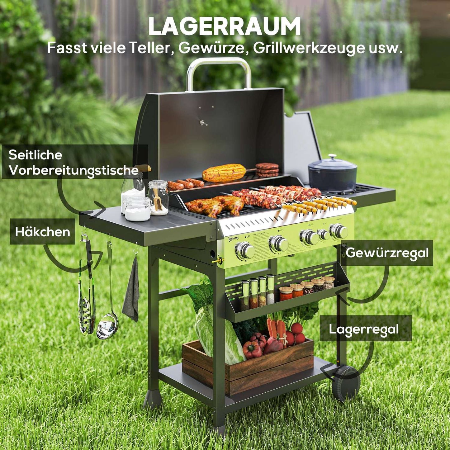 Stainless steel gas grill, 12KW, 4+1 burners, with thermometer
