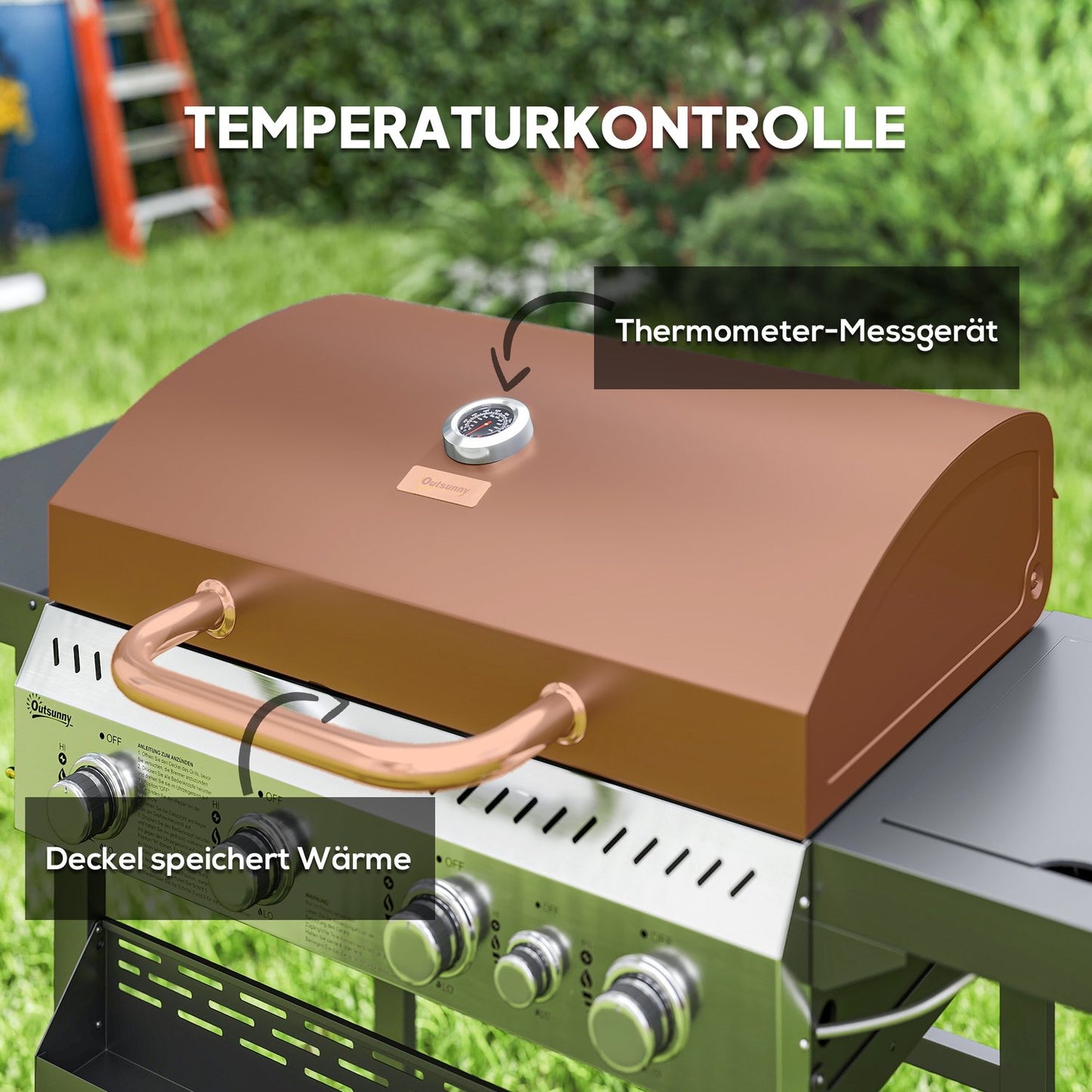 Stainless steel gas grill, 12KW, 4+1 burners, with thermometer