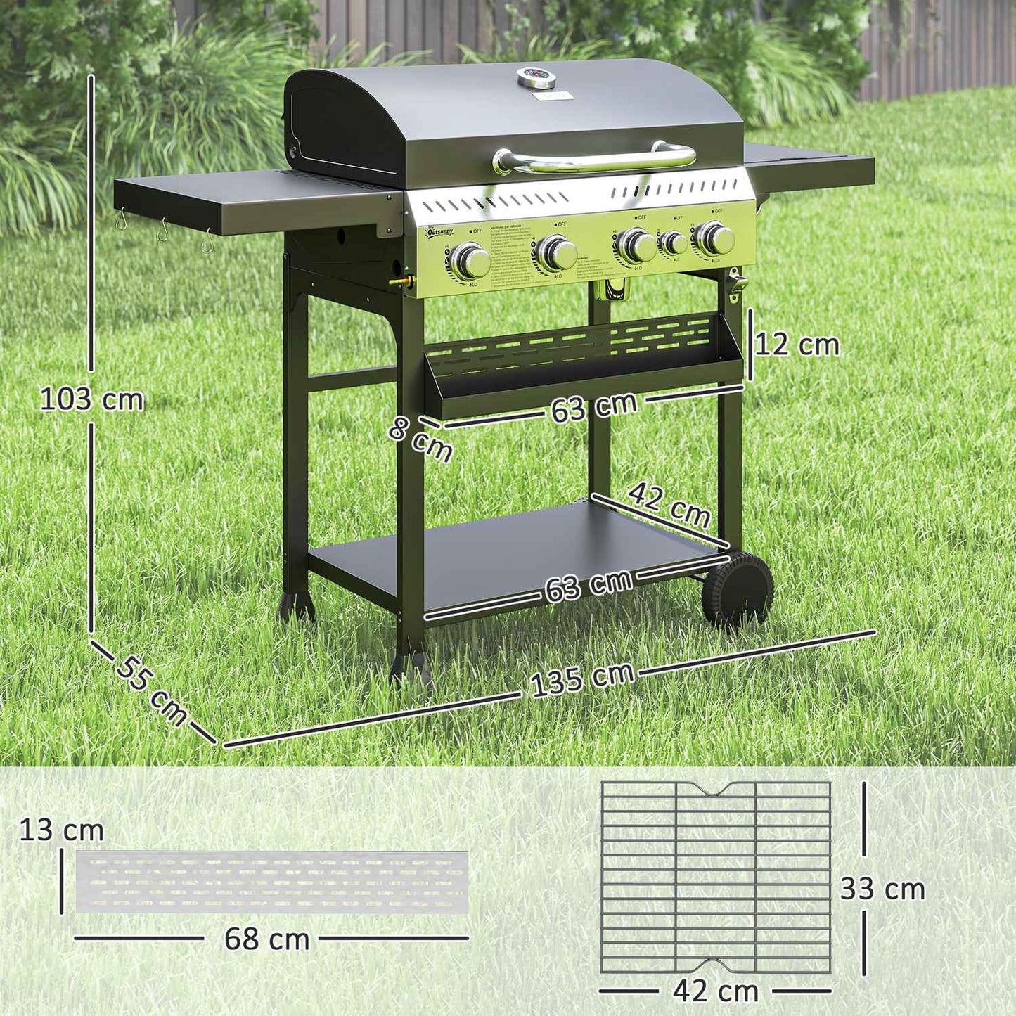 Stainless steel gas grill, 12KW, 4+1 burners, with thermometer