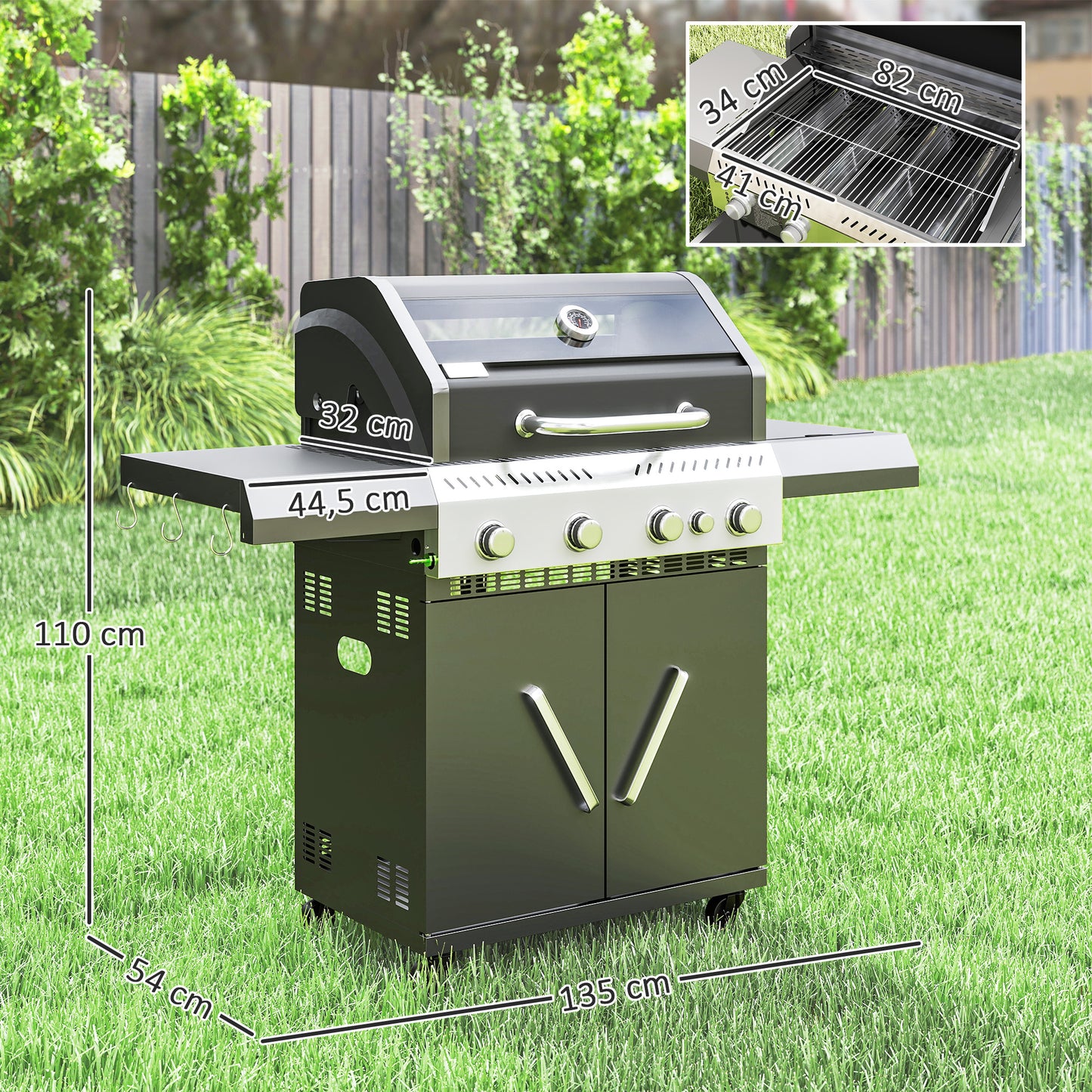 Gas grill cart - 5 burners, thermometer, side shelves