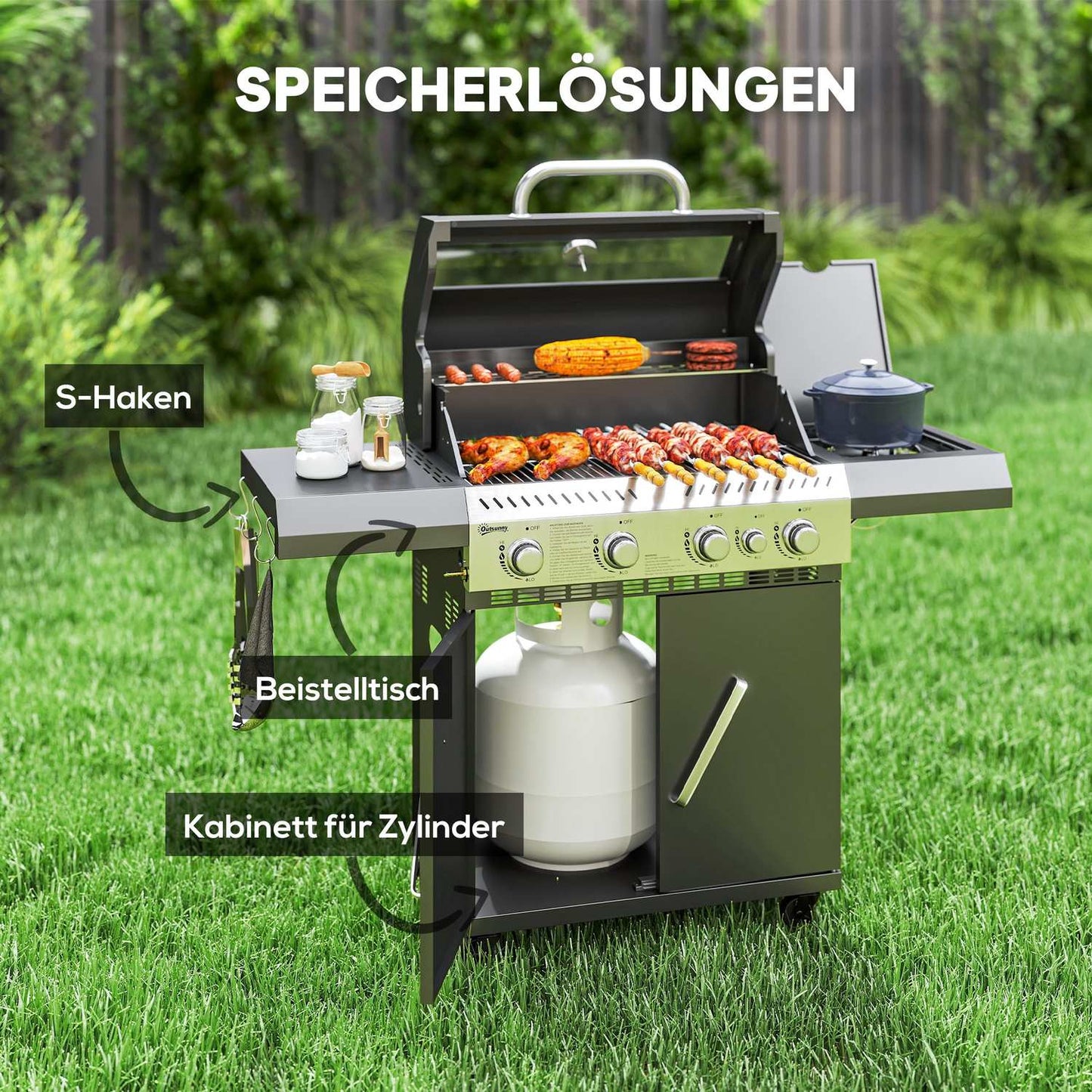 Gas grill cart - 5 burners, thermometer, side shelves