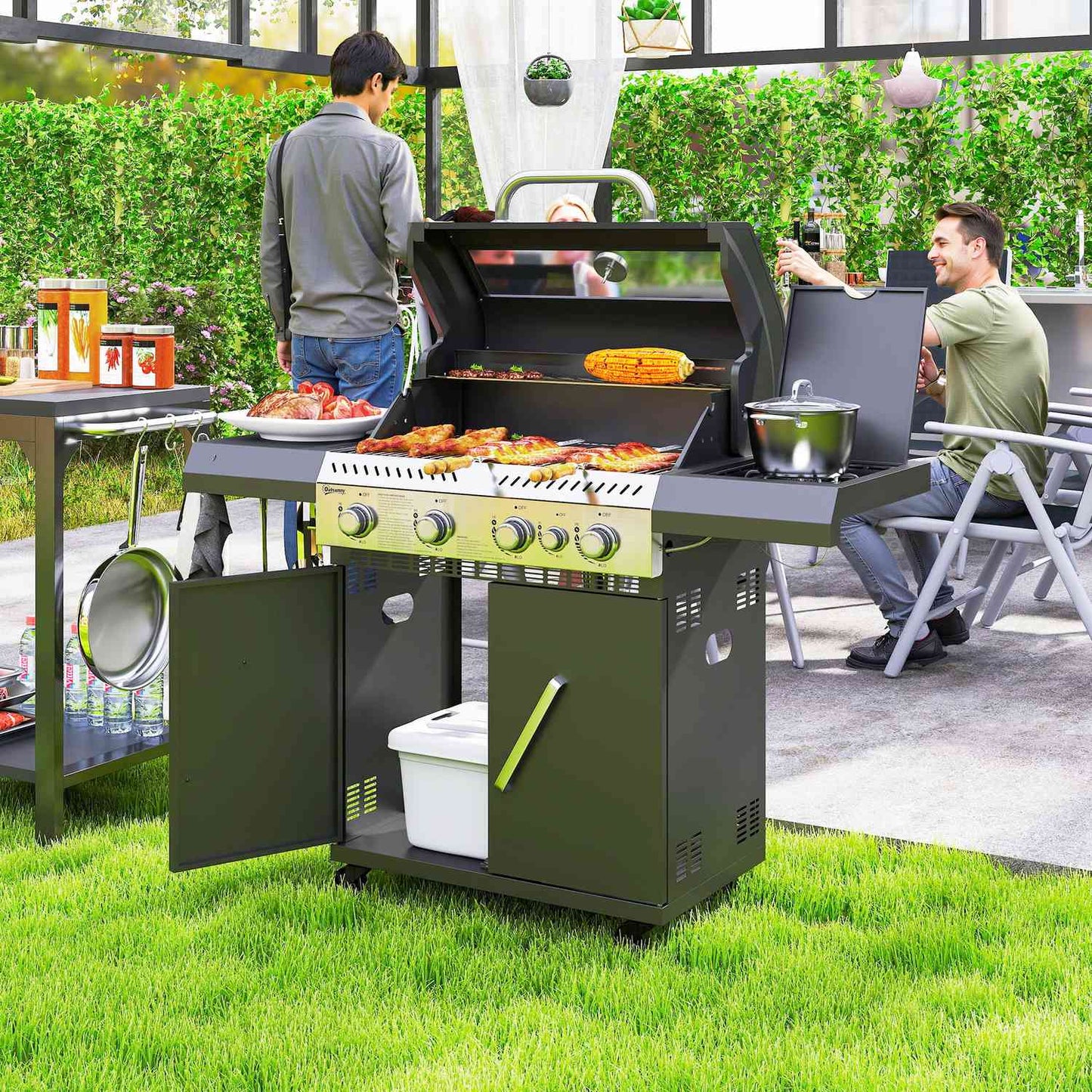 Gas grill cart - 5 burners, thermometer, side shelves