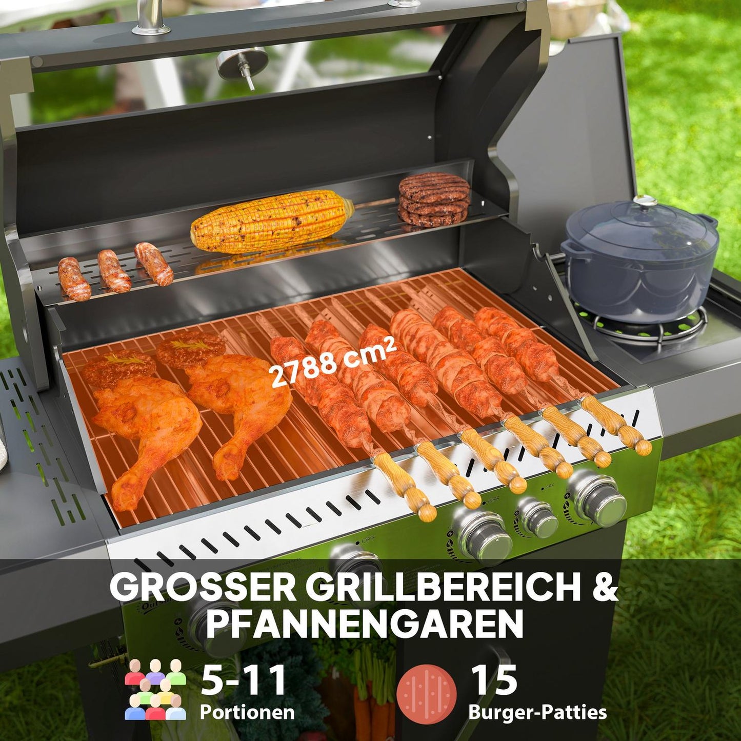 Gas grill cart - 5 burners, thermometer, side shelves