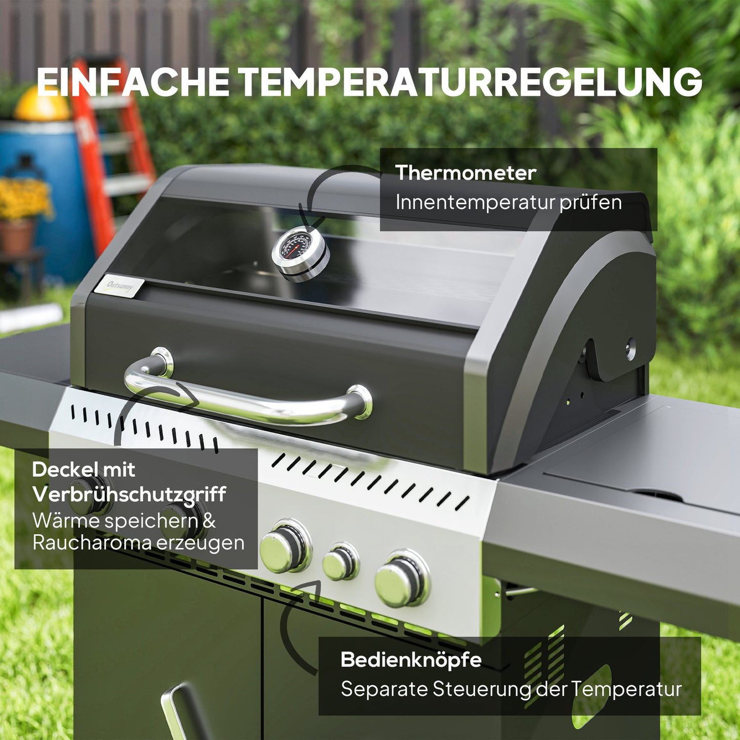 Gas grill cart - 5 burners, thermometer, side shelves