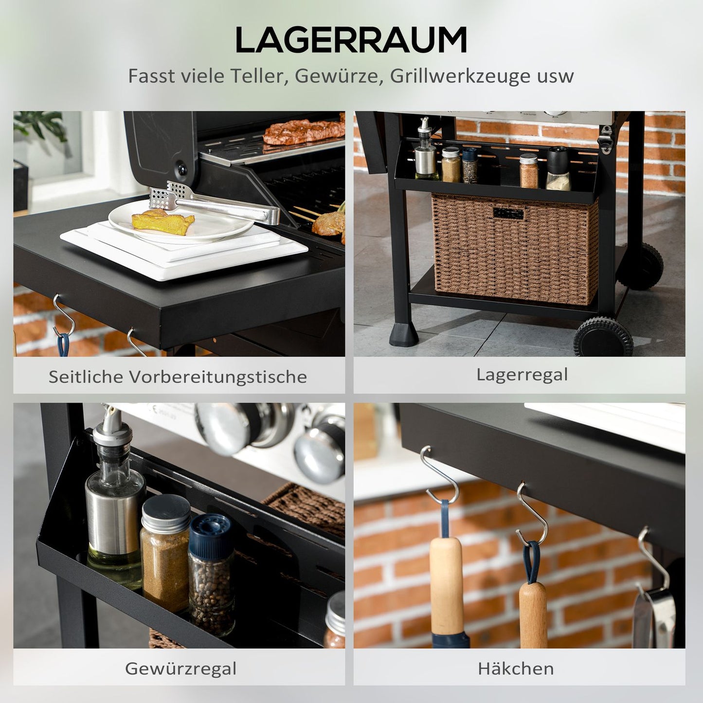 Gas grill with 3 burners in stainless steel with side burners and shelves