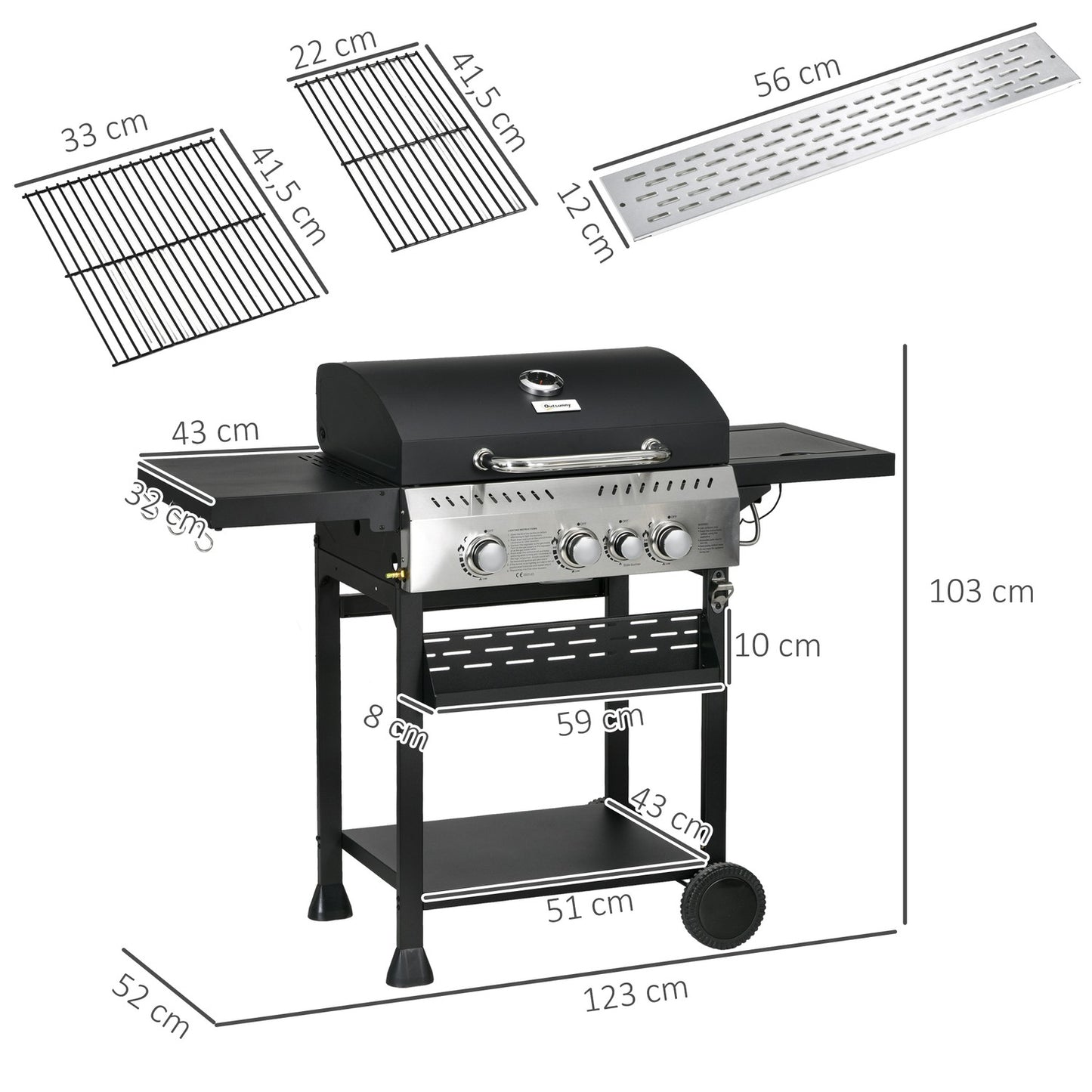 Gas grill with 3 burners in stainless steel with side burners and shelves