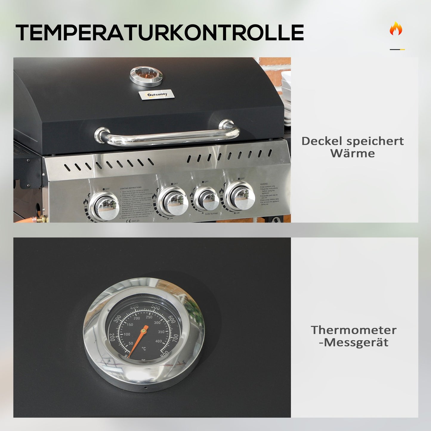 Gas grill with 3 burners in stainless steel with side burners and shelves