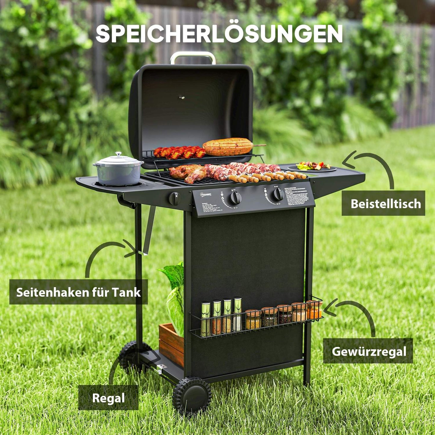 Gas grill with 3 burners and side burner, lid & shelf