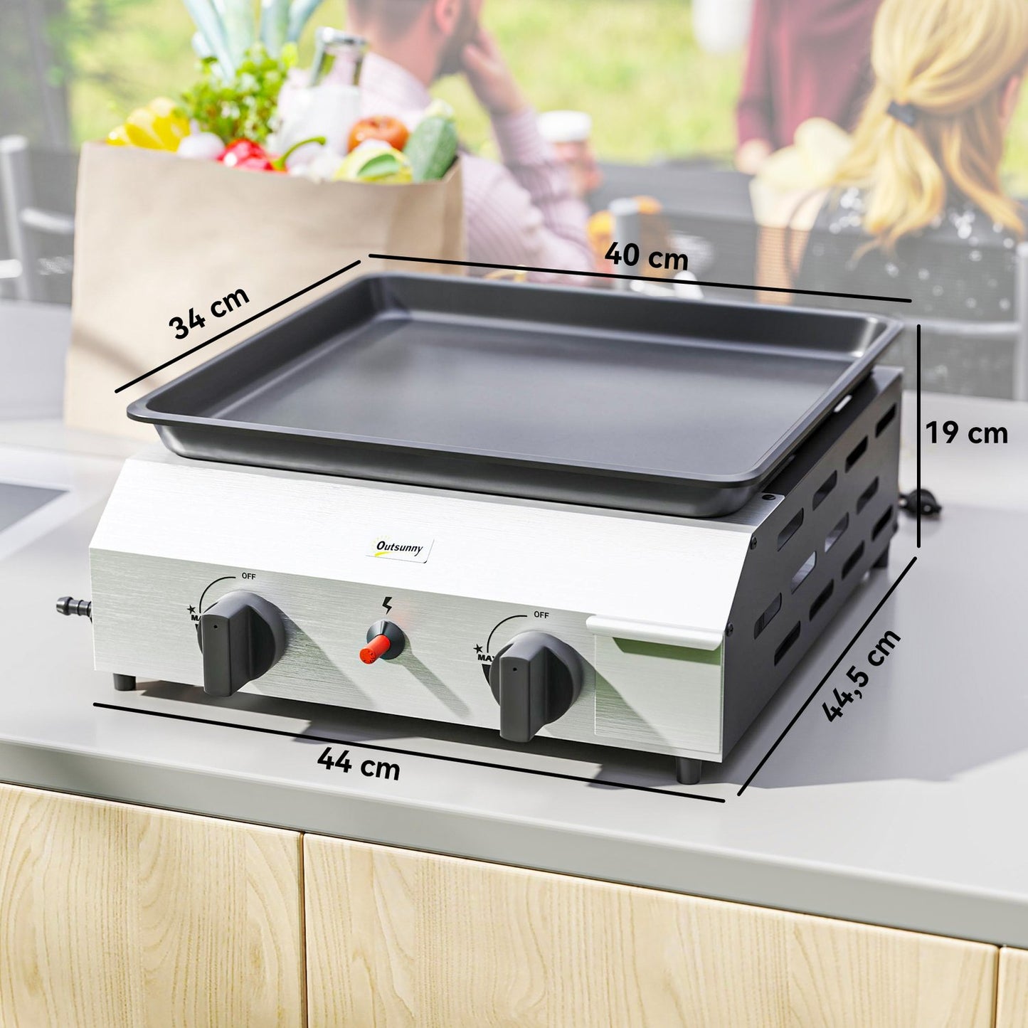 Gas grill with 2 burners & adjustable legs, 44x44.5x19 cm