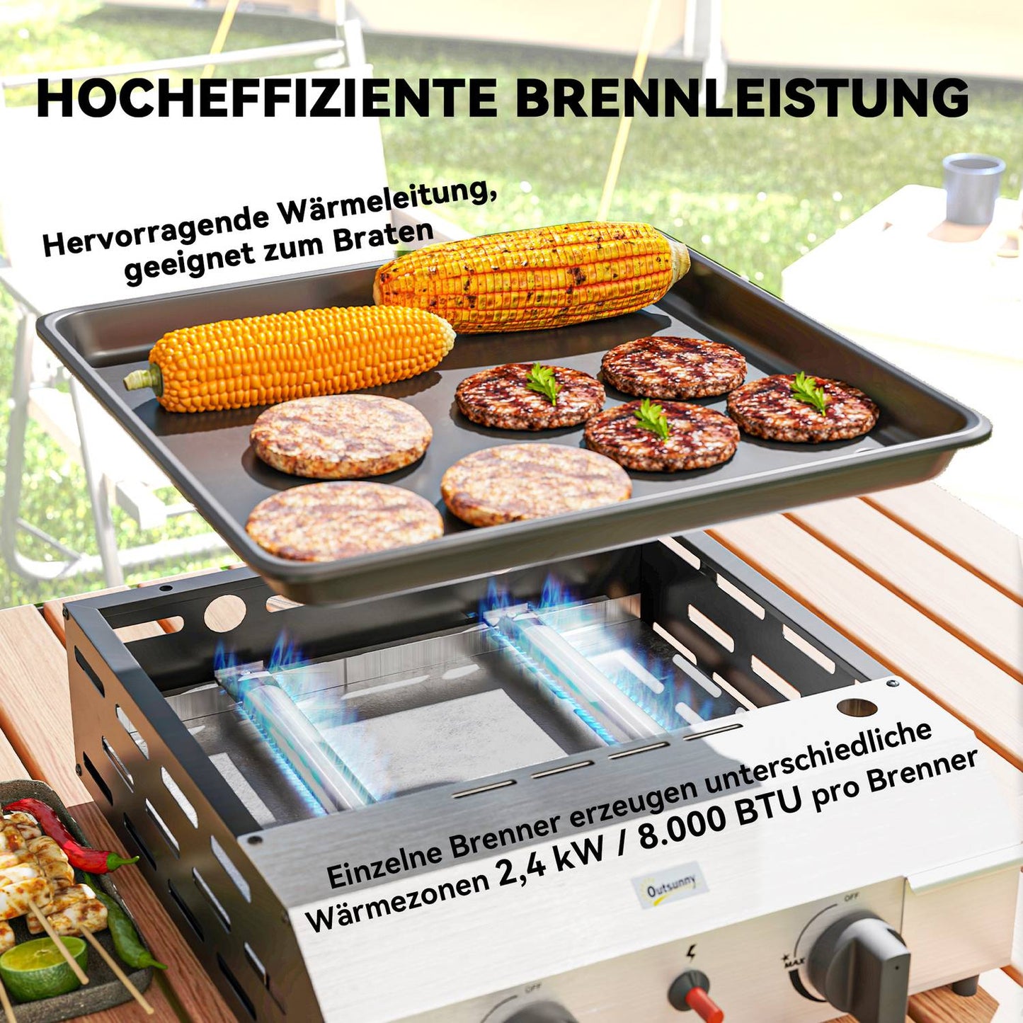Gas grill with 2 burners & adjustable legs, 44x44.5x19 cm