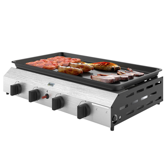 Gas grill with 4 burners, adjustable legs and hob