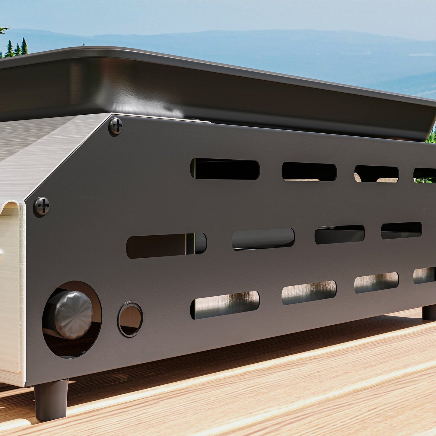 Gas grill with 4 burners, adjustable legs and hob