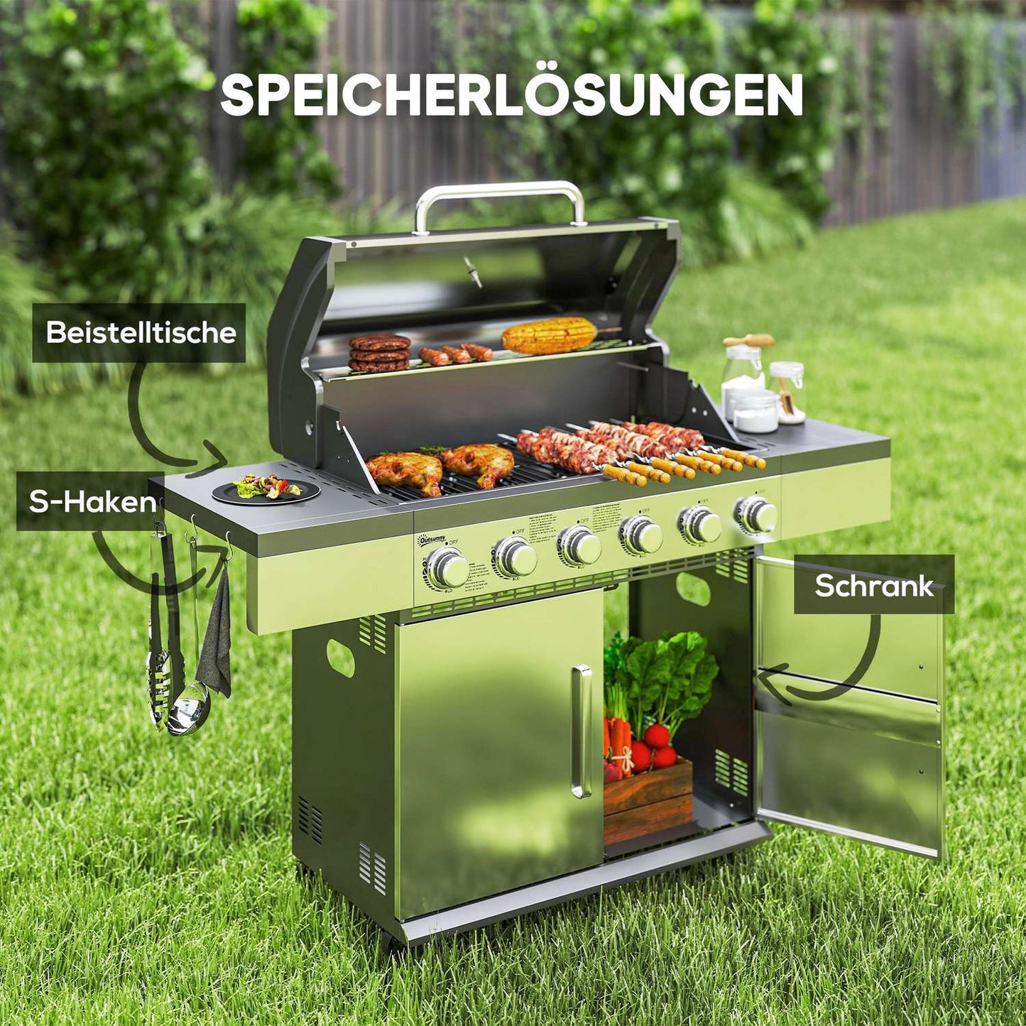Gas grill with 6 burners, side shelves and thermometer