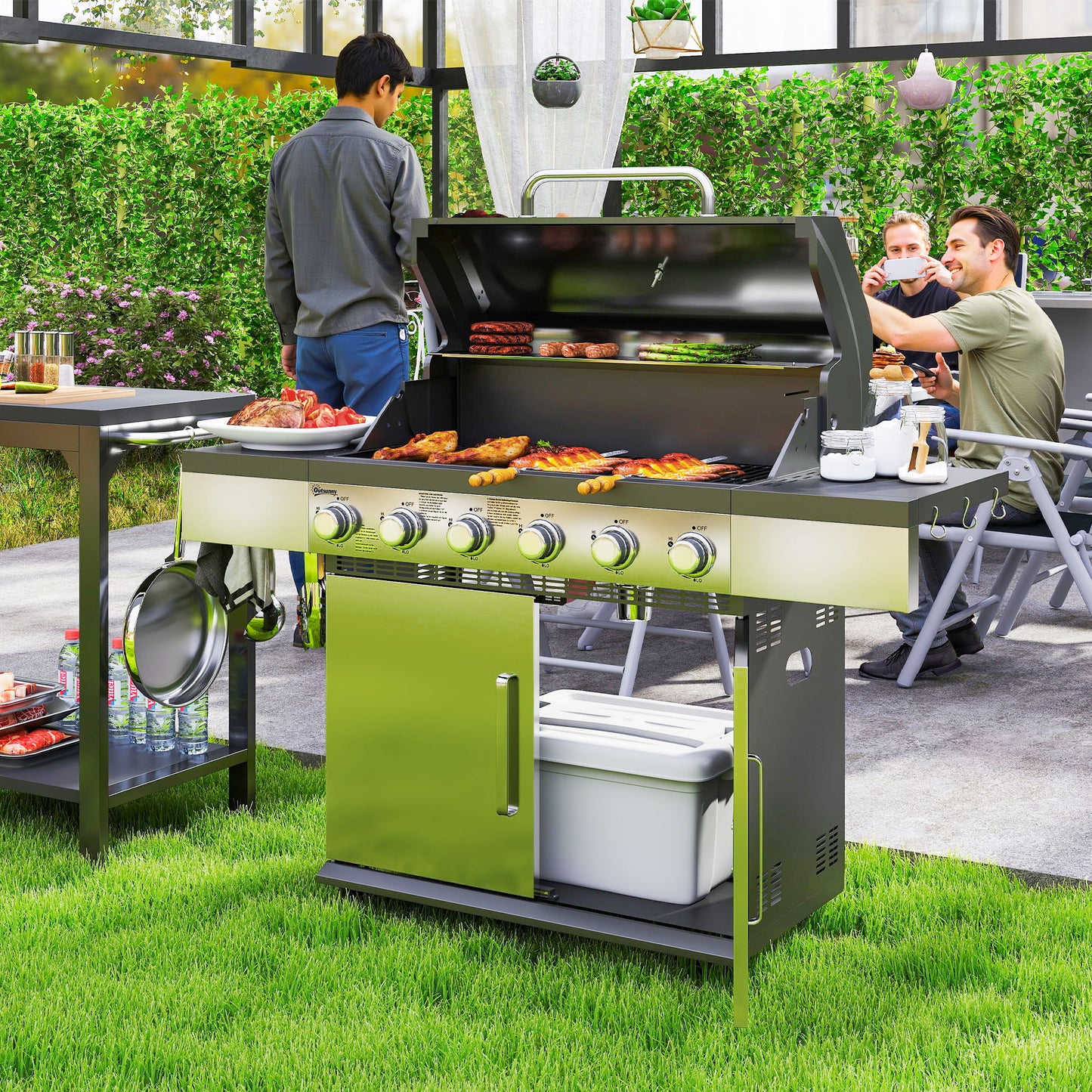 Gas grill with 6 burners, side shelves and thermometer