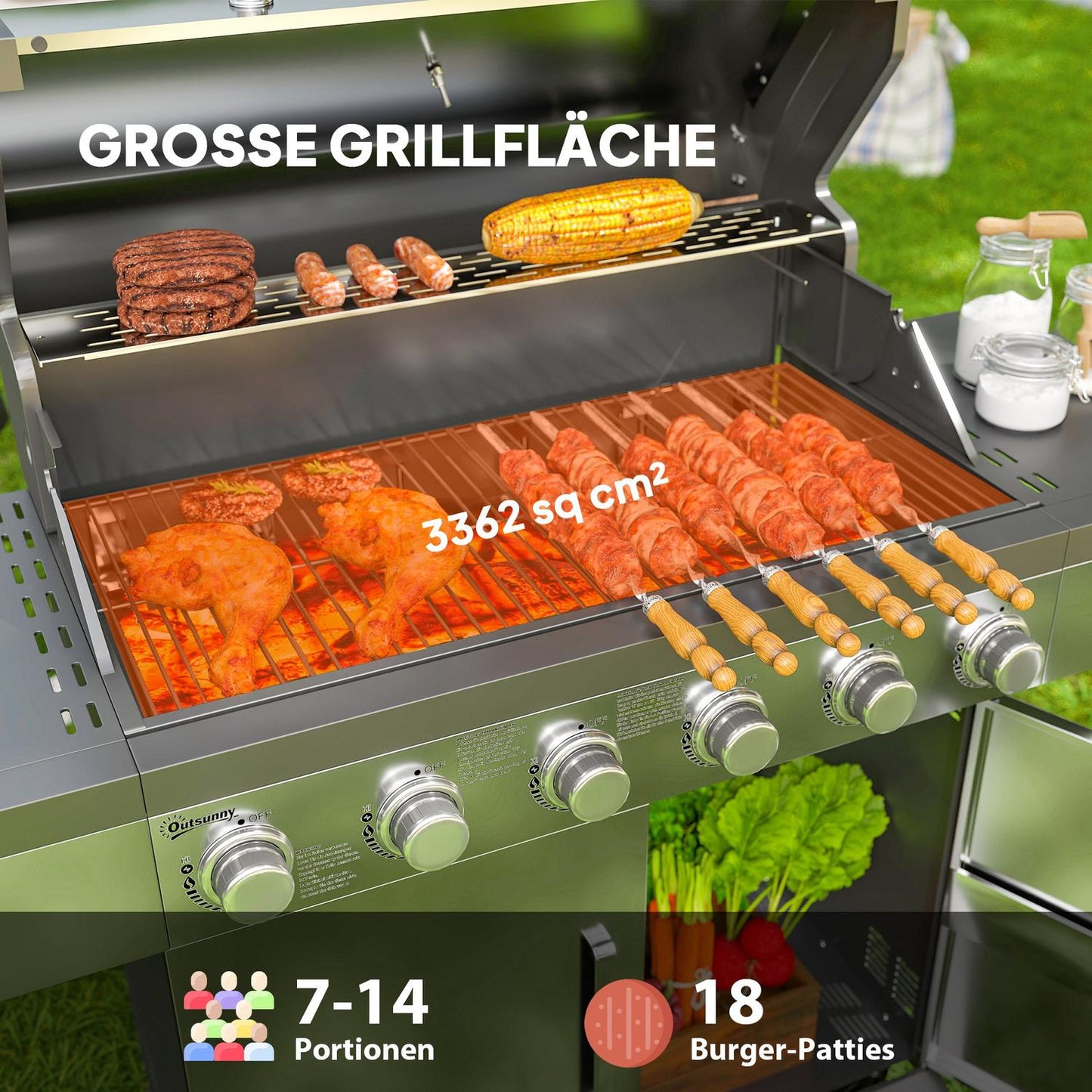 Gas grill with 6 burners, side shelves and thermometer