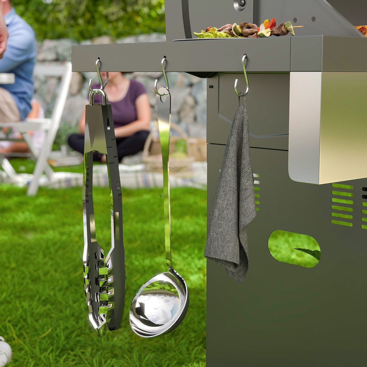 Gas grill with 6 burners, side shelves and thermometer