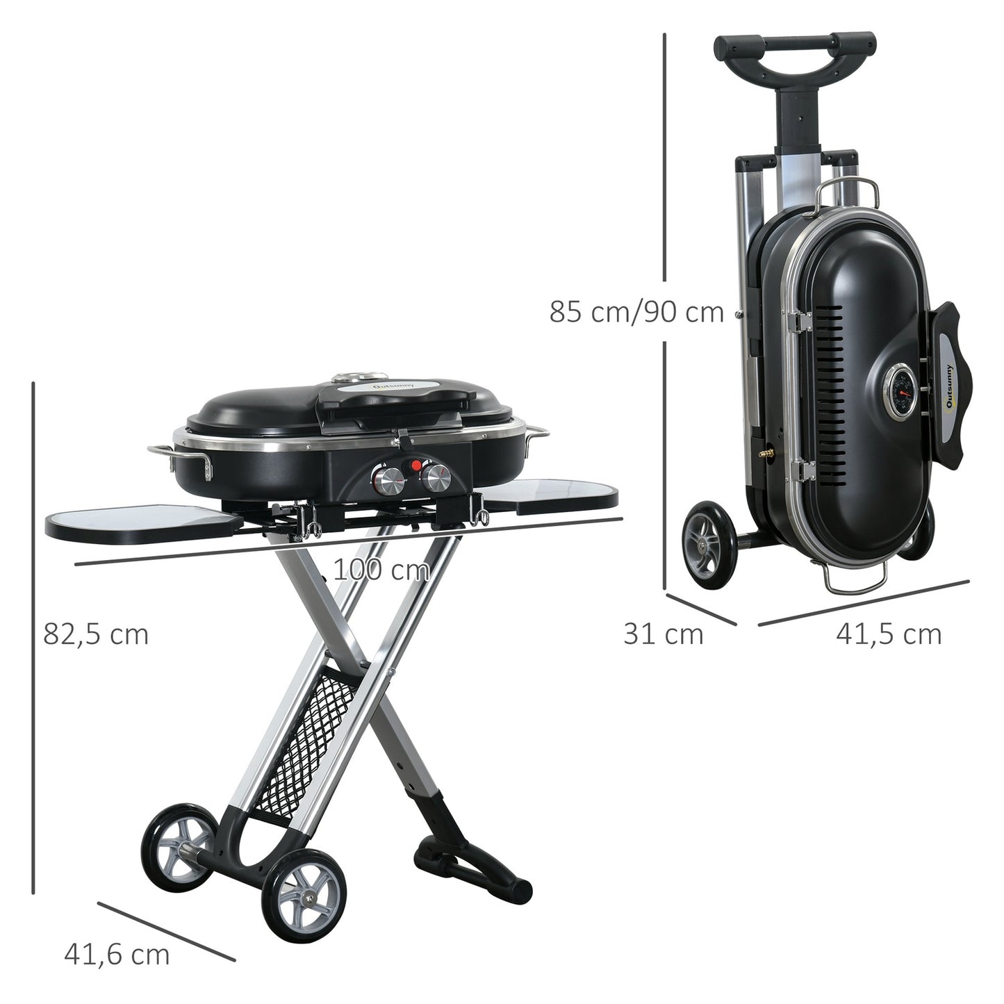 Gas grill BBQ Cart, foldable 2 burners, stainless steel