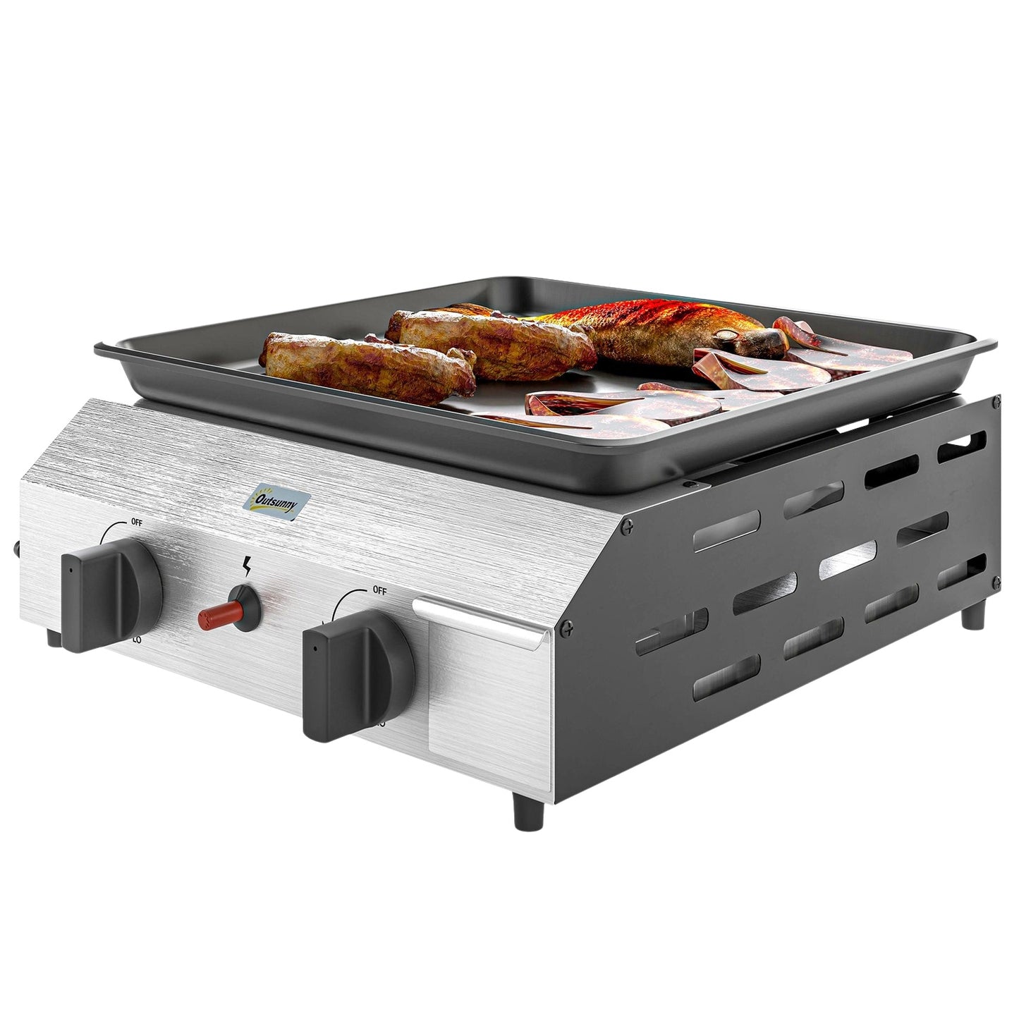 Gas grill with 2 burners & adjustable legs, 44x44.5x19 cm