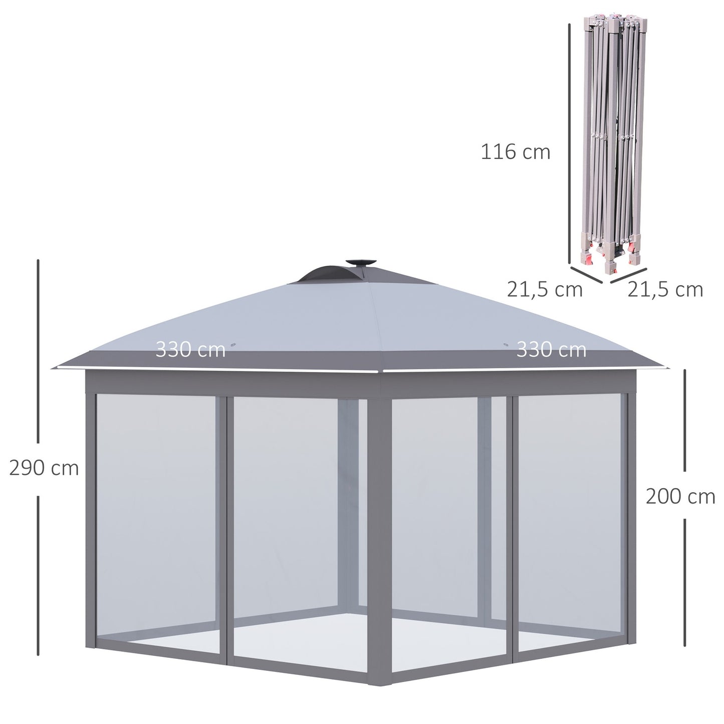 Pop-Up Gazebo 3.3x3.3M with LED, Mesh walls, Sun protection