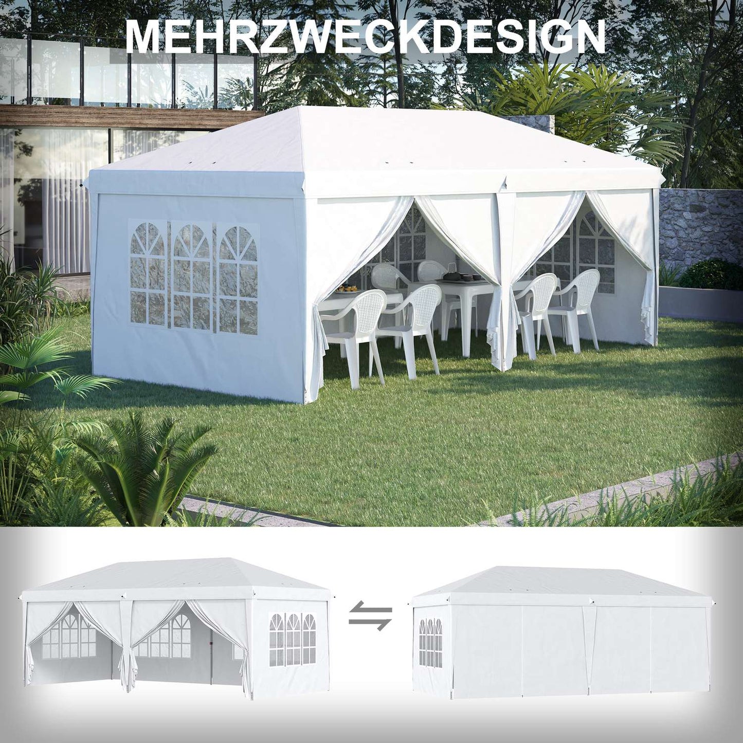 Collapsible garden pavilion with side walls and UV protection