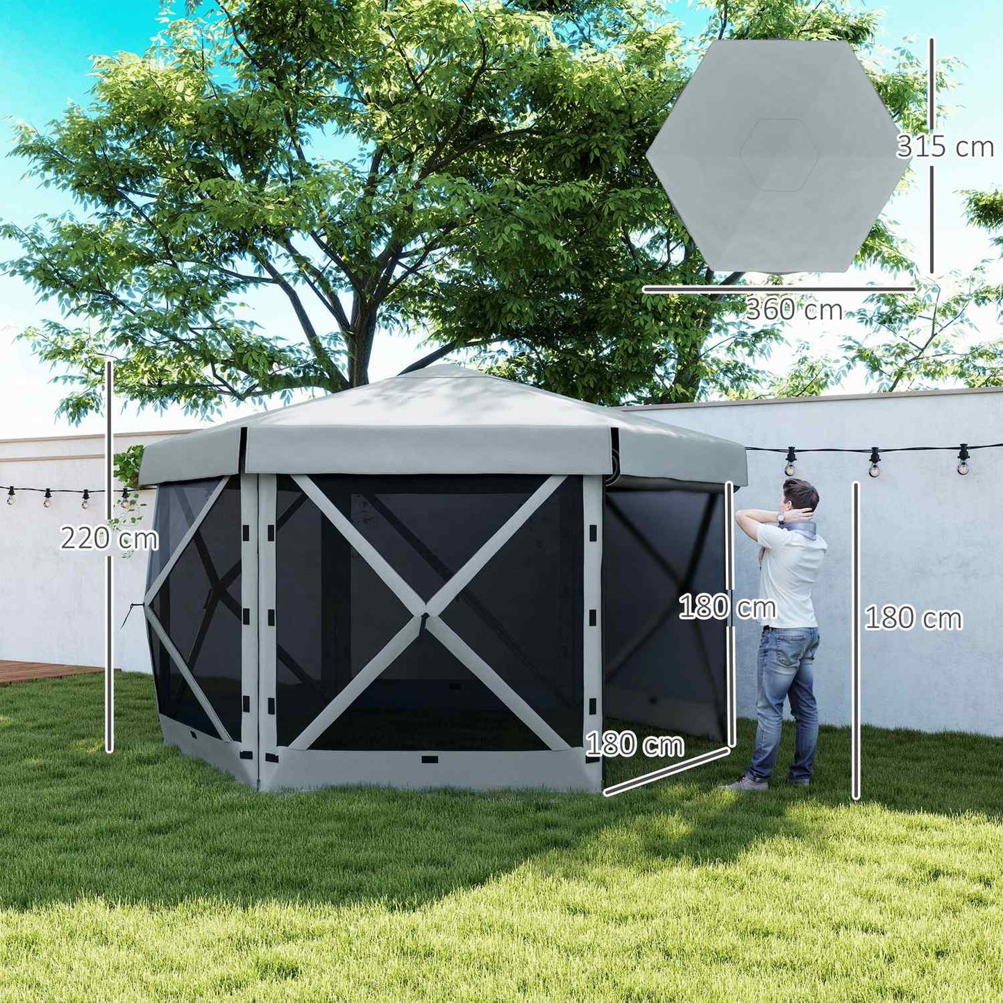 Hexagonal pop-up gazebo, 3.6x3m, UV30+ waterproof tent