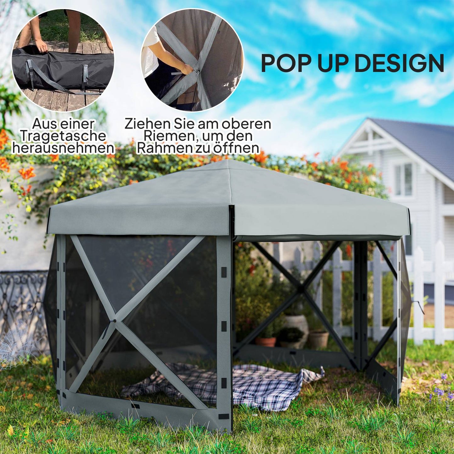 Hexagonal pop-up gazebo, 3.6x3m, UV30+ waterproof tent
