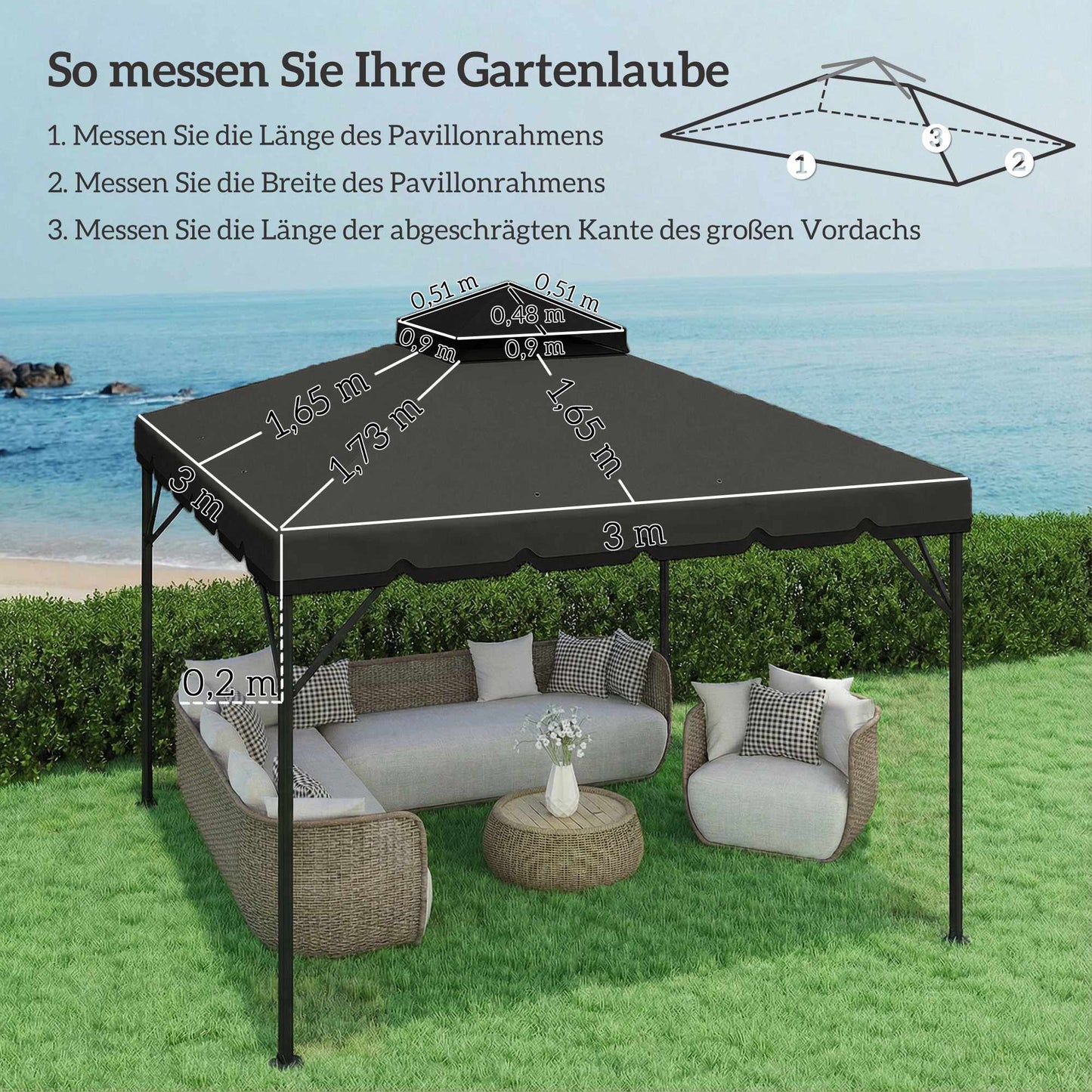 Gazebo Replacement Canopy, 3x3m, Dual-Tier, UPF 30+