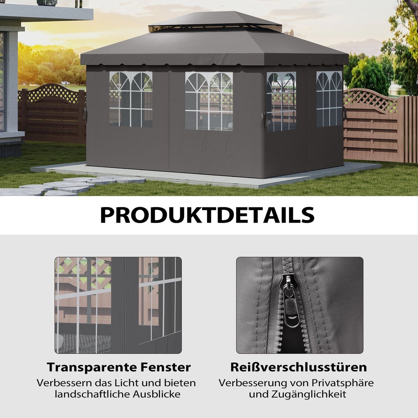 Gazebo Side Panels, 4 Dark Grey Polyester Walls, 3x4m